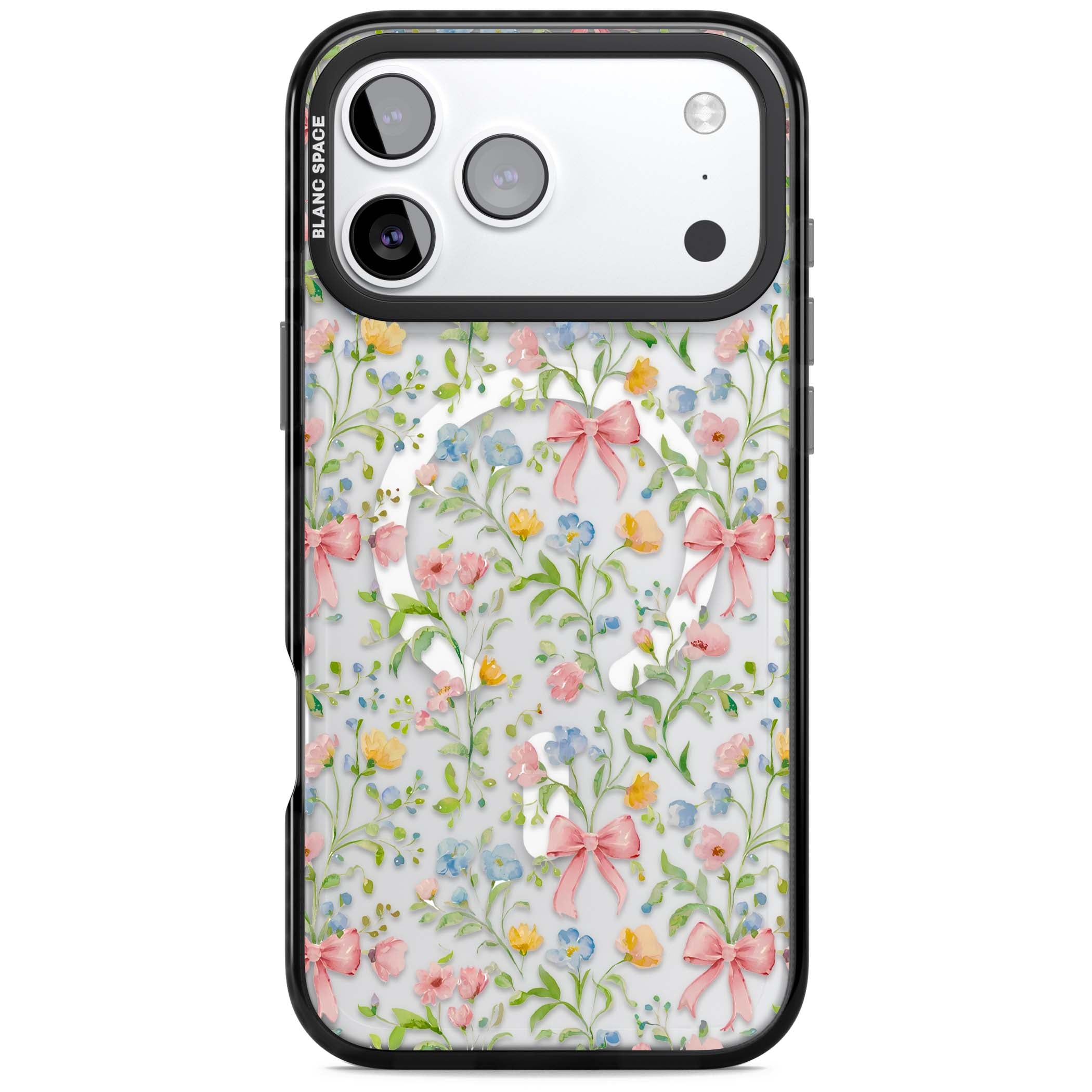 Ribbons & Wildflowers cottagecore iPhone case featuring watercolor wildflowers, pink satin bows, and delicate spring blooms o | Black Impact Magsafe case for iPhone 17 Pro, iPhone 17 Pro Max
