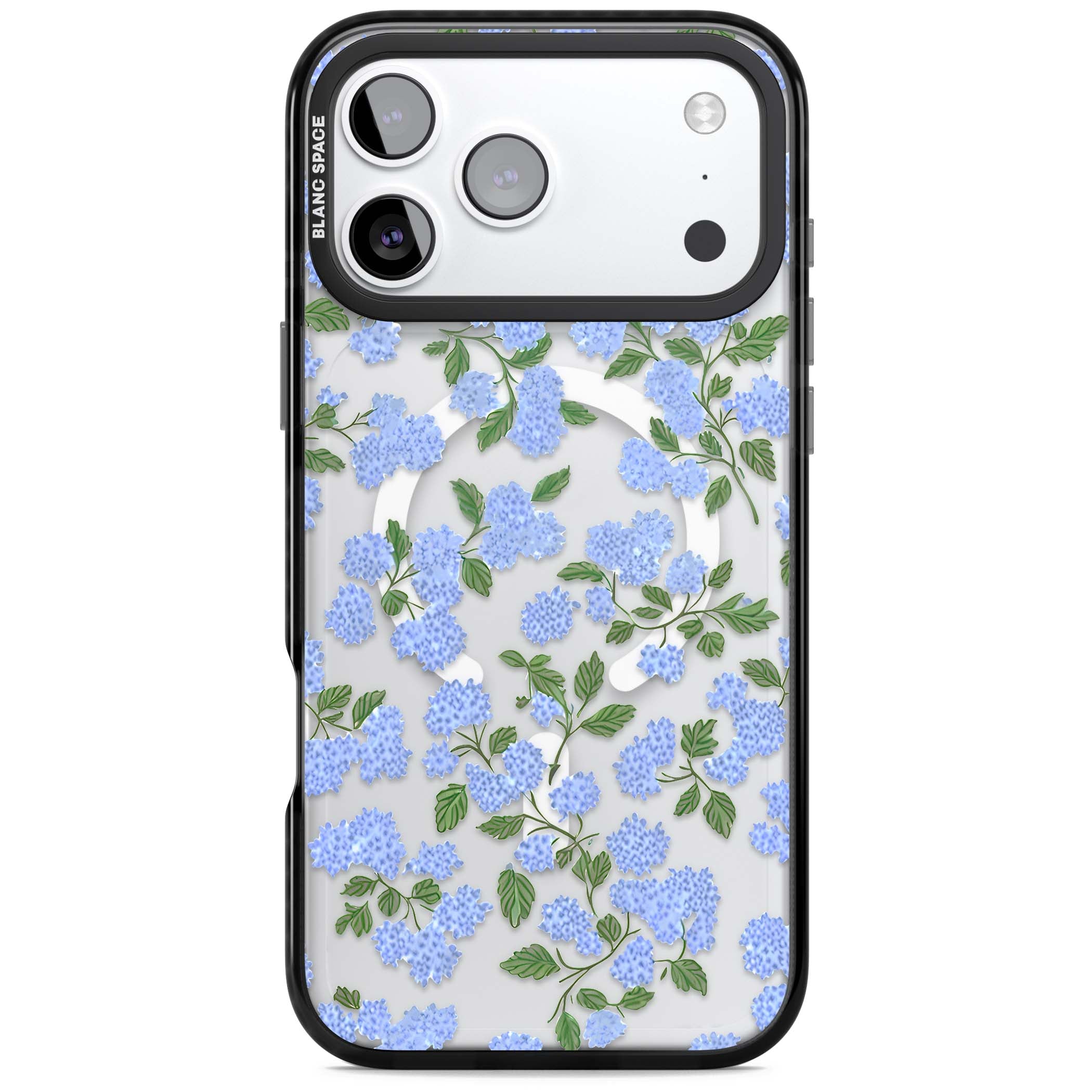 Hydrangea Dreams cottagecore iPhone case featuring soft blue hydrangea flower clusters and green leaves | Black Impact Magsafe case for iPhone 17 Pro, iPhone 17 Pro Max