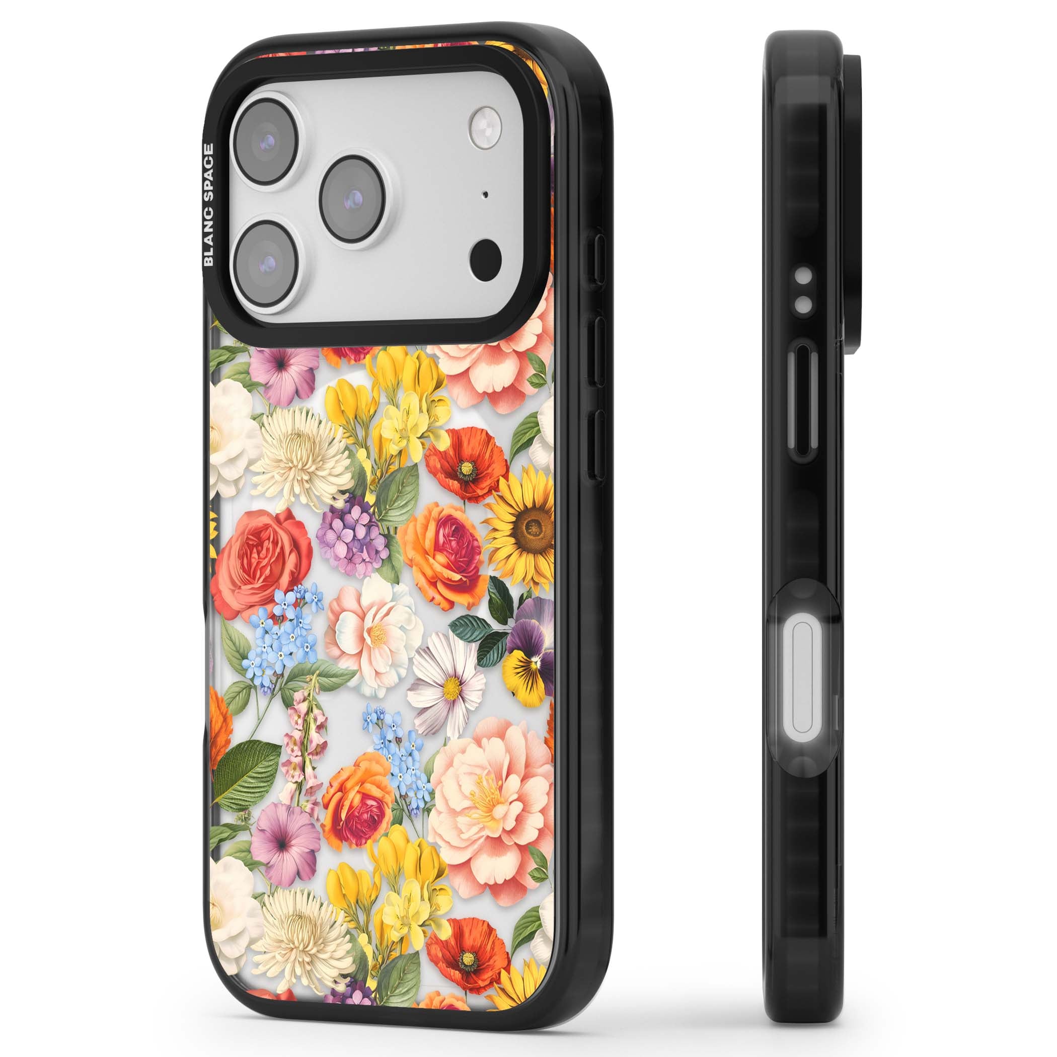 Bloom Basket floral iPhone case featuring cottage garden flowers including peonies, sunflowers, and wildflowers in pastel col | Black Impact Magsafe case for iPhone 17 Pro, iPhone 17 Pro Max