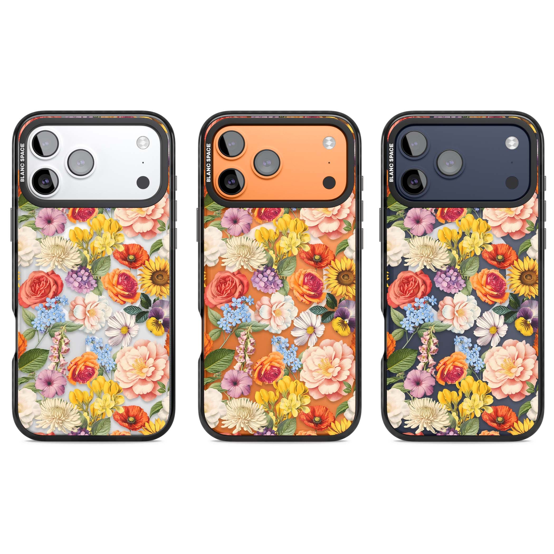 Bloom Basket floral iPhone case featuring cottage garden flowers including peonies, sunflowers, and wildflowers in pastel col | Black Impact Magsafe case for iPhone 17 Pro, iPhone 17 Pro Max