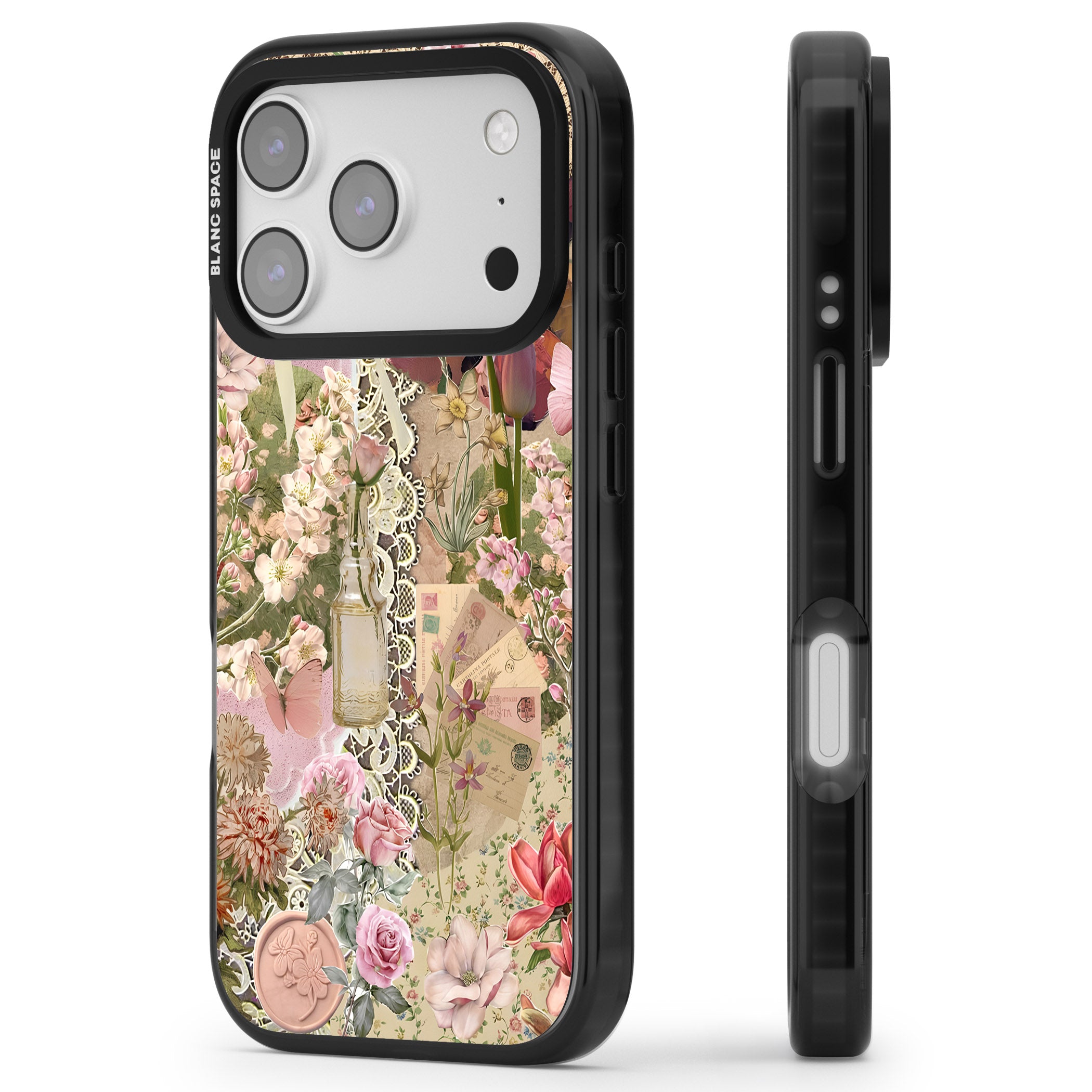 Soft Pink Flower Collage iPhone 17 Pro Max Impact Pro Black Phone Case Side Profile