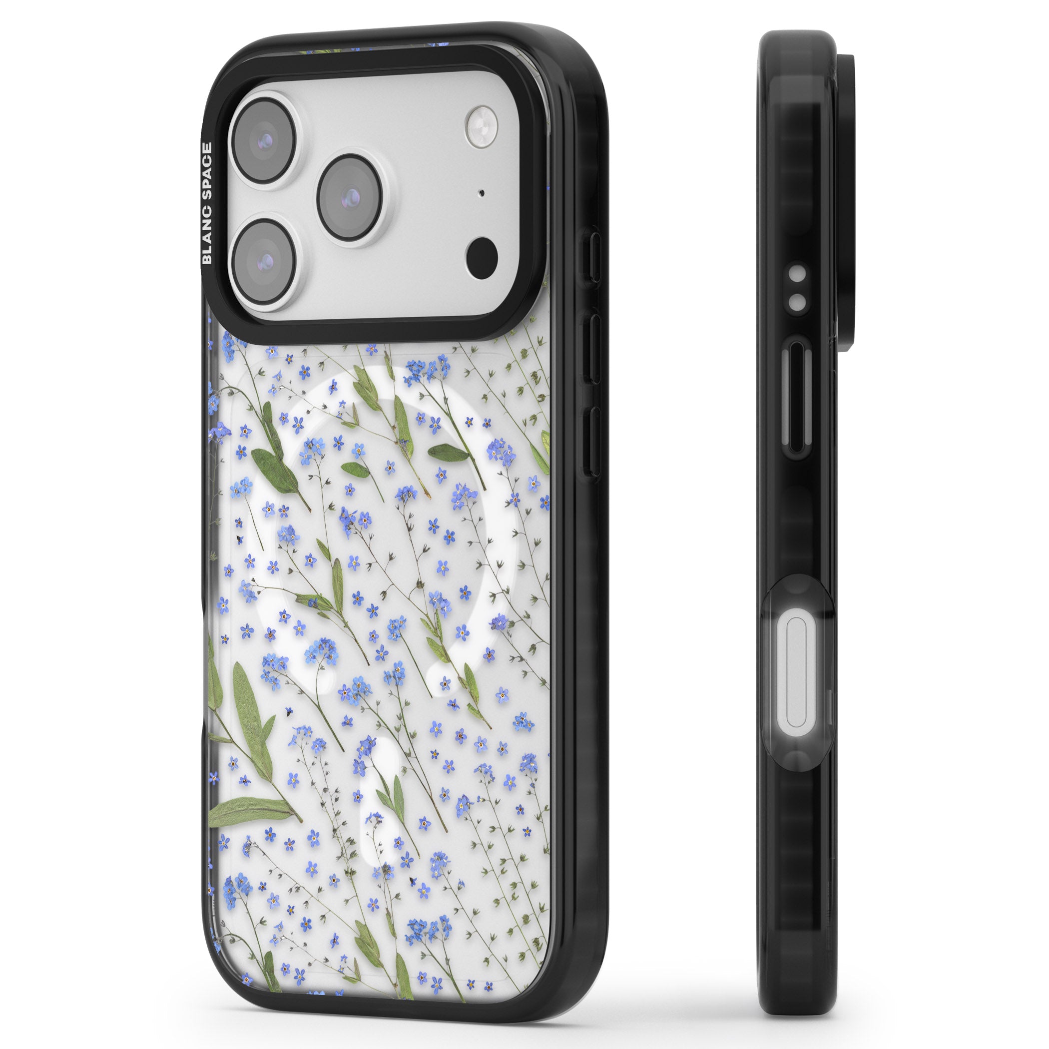 Blue Meadow Floral iPhone 17 Pro Max Impact Pro Black Phone Case Side Profile