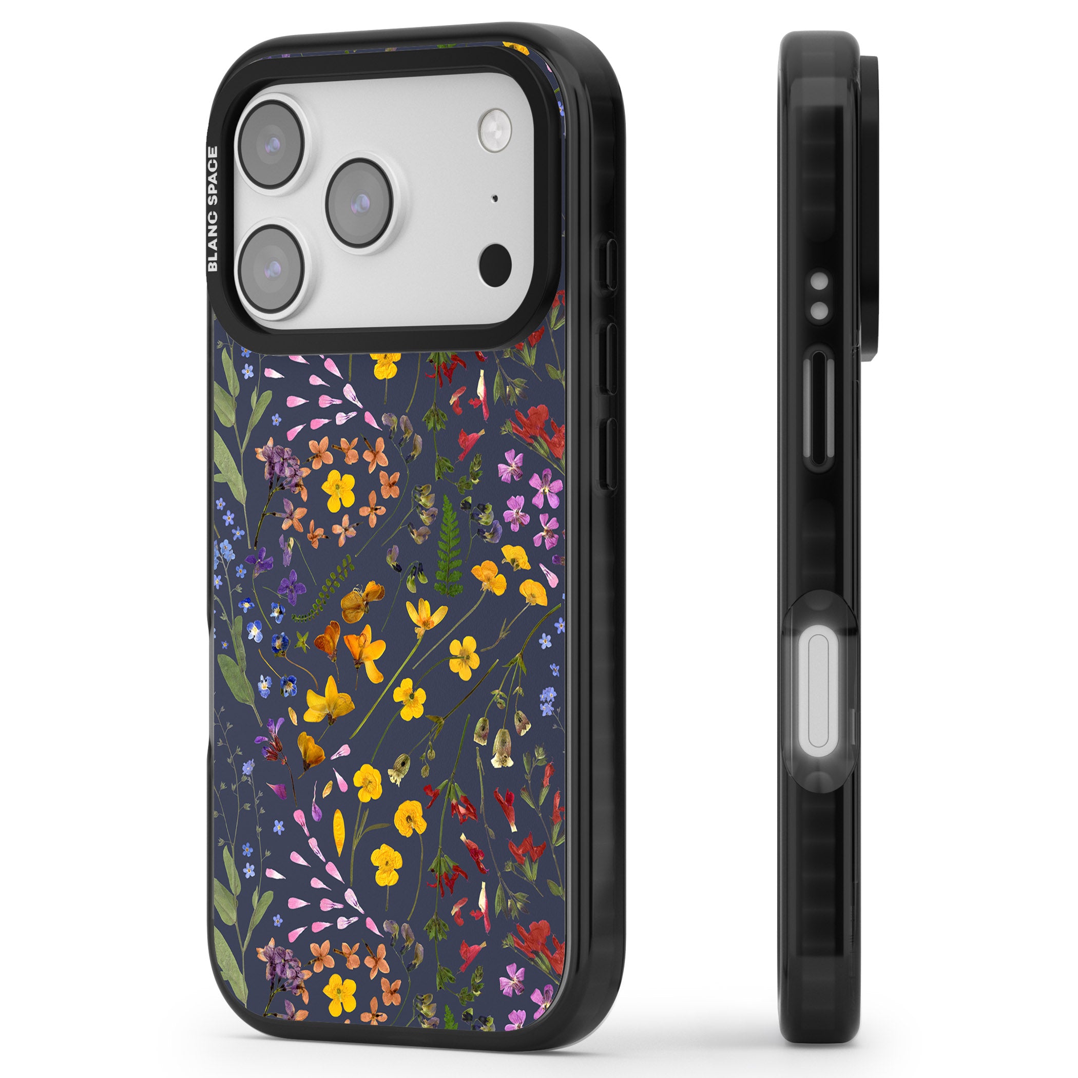 Wildflower Leaves Cluster Navy iPhone 17 Pro Max Impact Pro Black Phone Case Side Profile