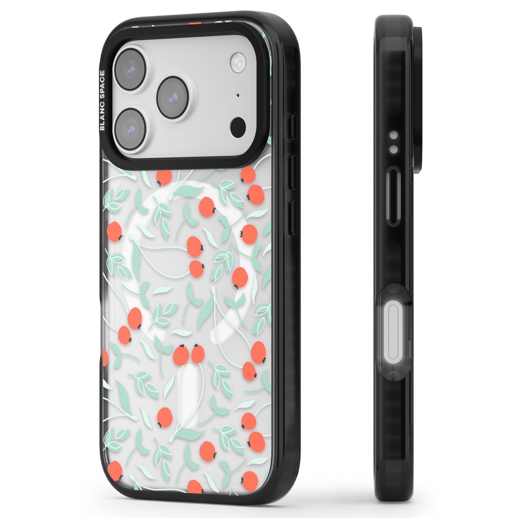 Red Berries Floral iPhone 17 Pro Max Impact Pro Black Phone Case Side Profile