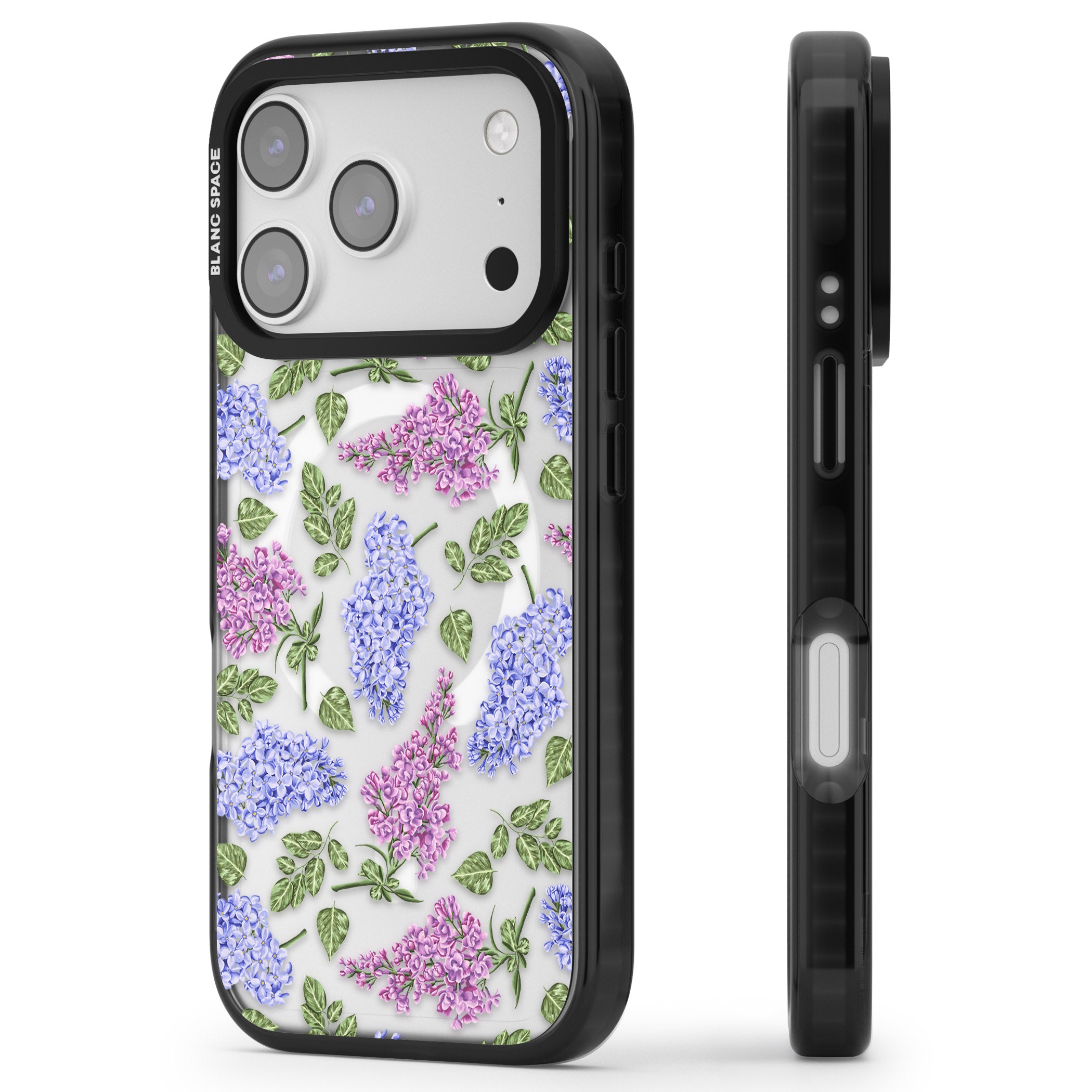 Purple Blossoms Transparent Floral iPhone 17 Pro Max Impact Pro Black Phone Case Side Profile
