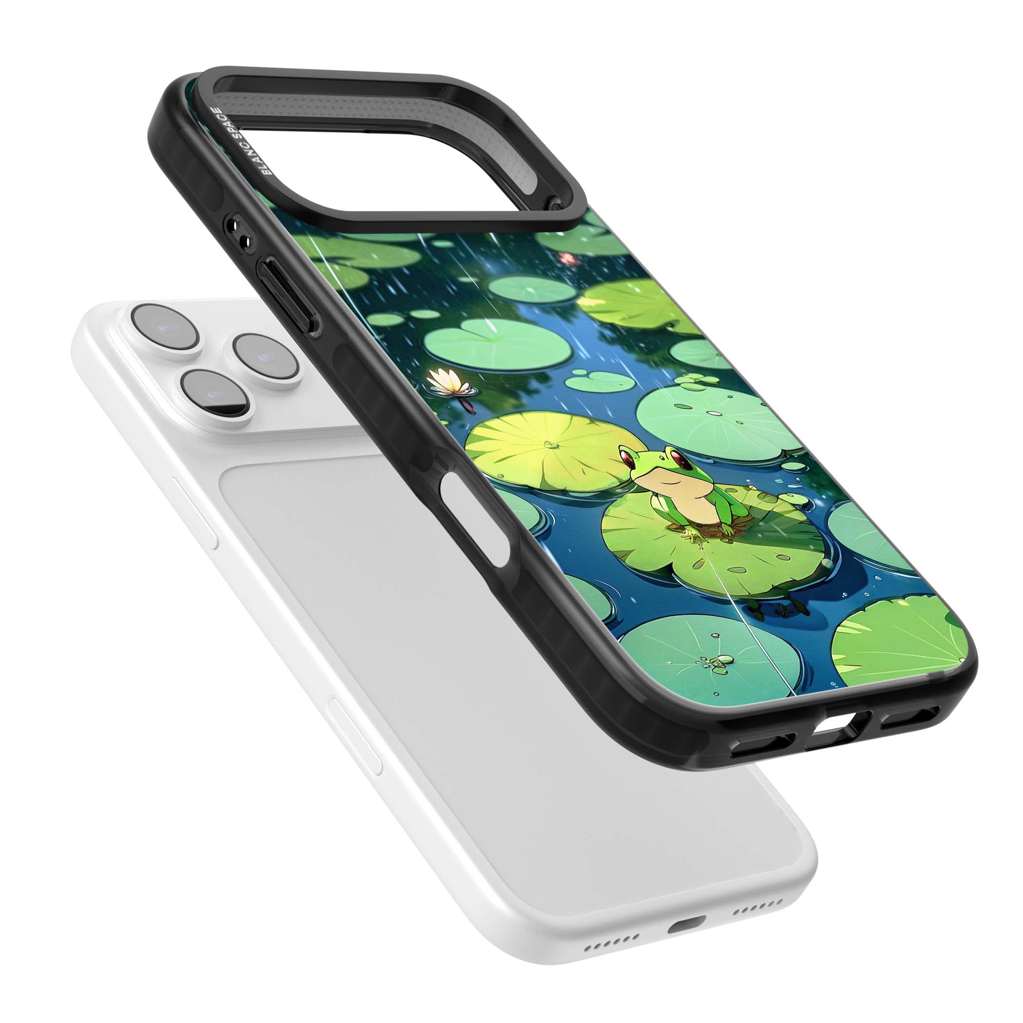Frog In Lily Pond cottagecore iPhone case featuring a cute green frog on a lily pad with falling rain and a lotus flower | Black Impact Magsafe case for iPhone 17 Pro, iPhone 17 Pro Max