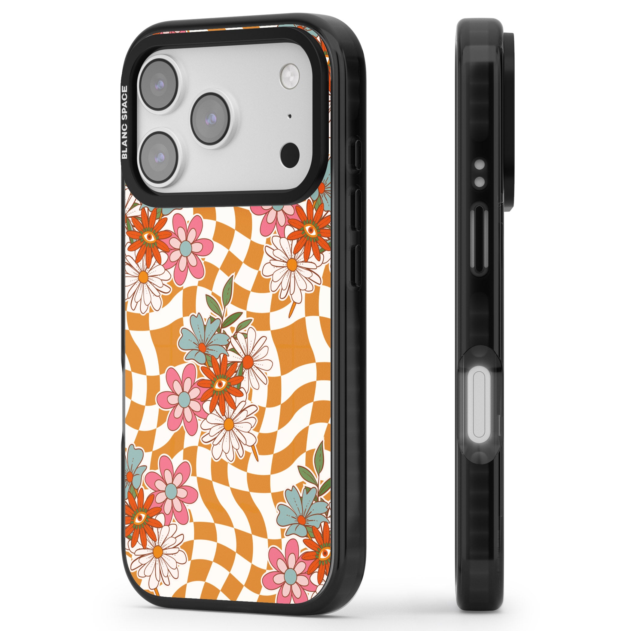 Wavy Checked Bloom iPhone 17 Pro Max Impact Pro Black Phone Case Side Profile