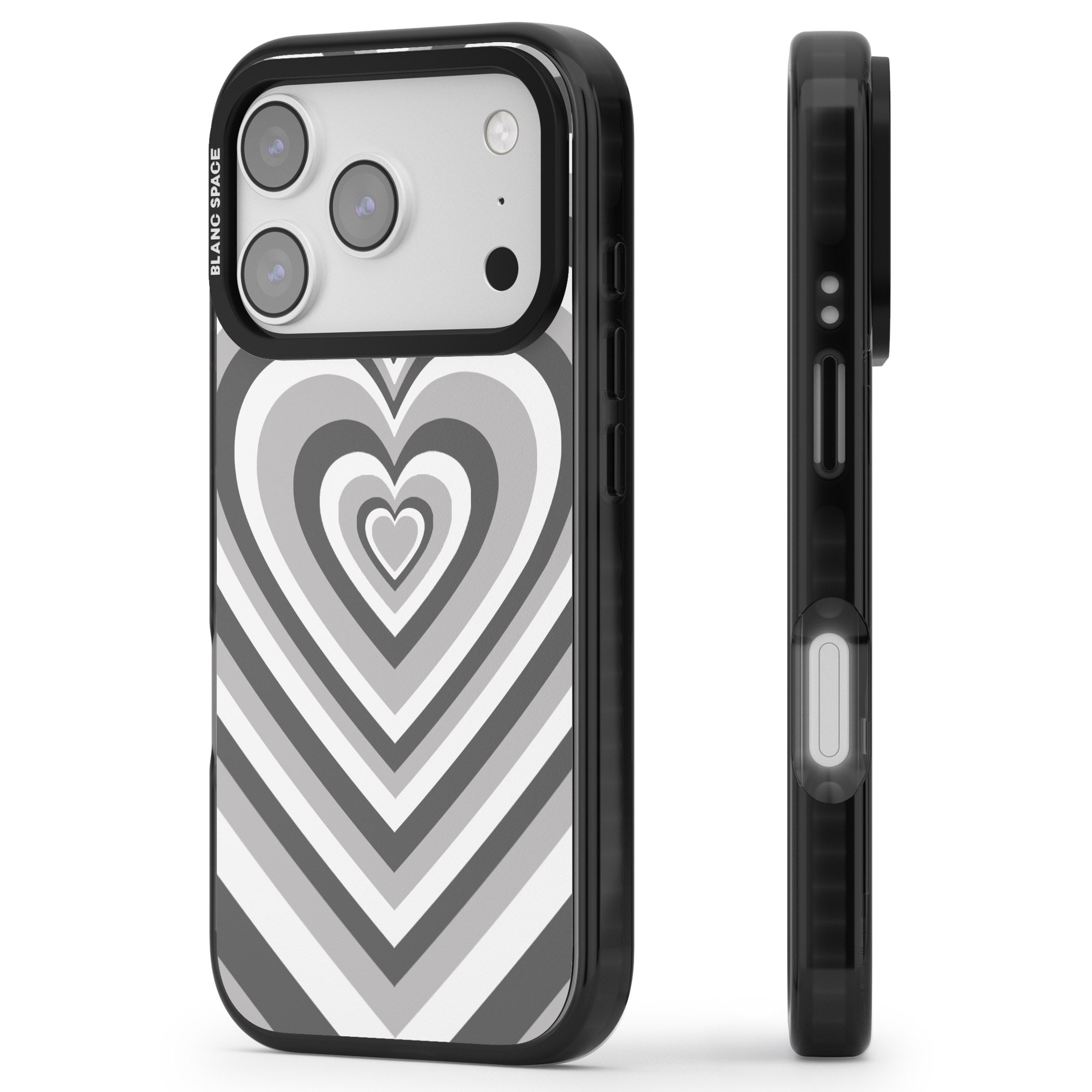 Monochrome Heart Illusion iPhone 17 Pro Max Impact Pro Black Phone Case Side Profile