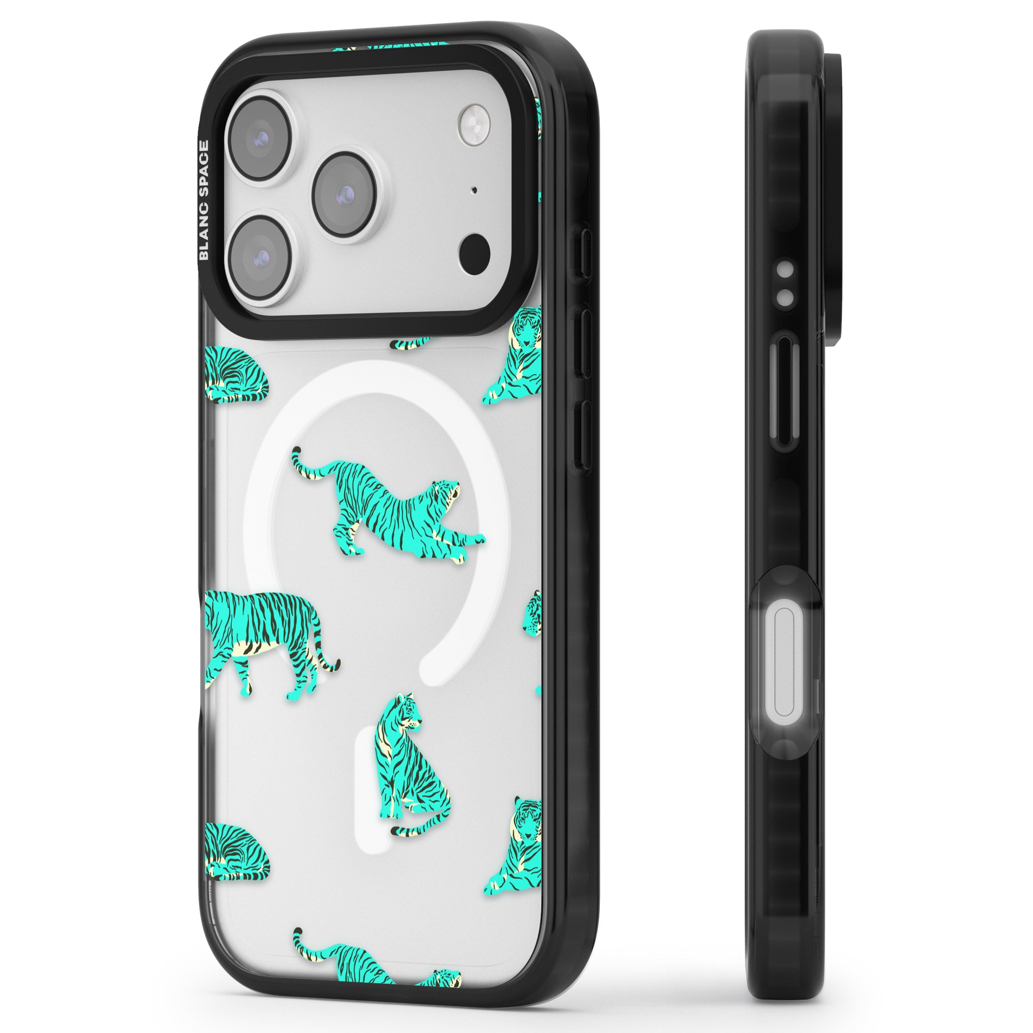 Turquoise Tiger iPhone 17 Pro Impact Pro Black Phone Case Side Profile