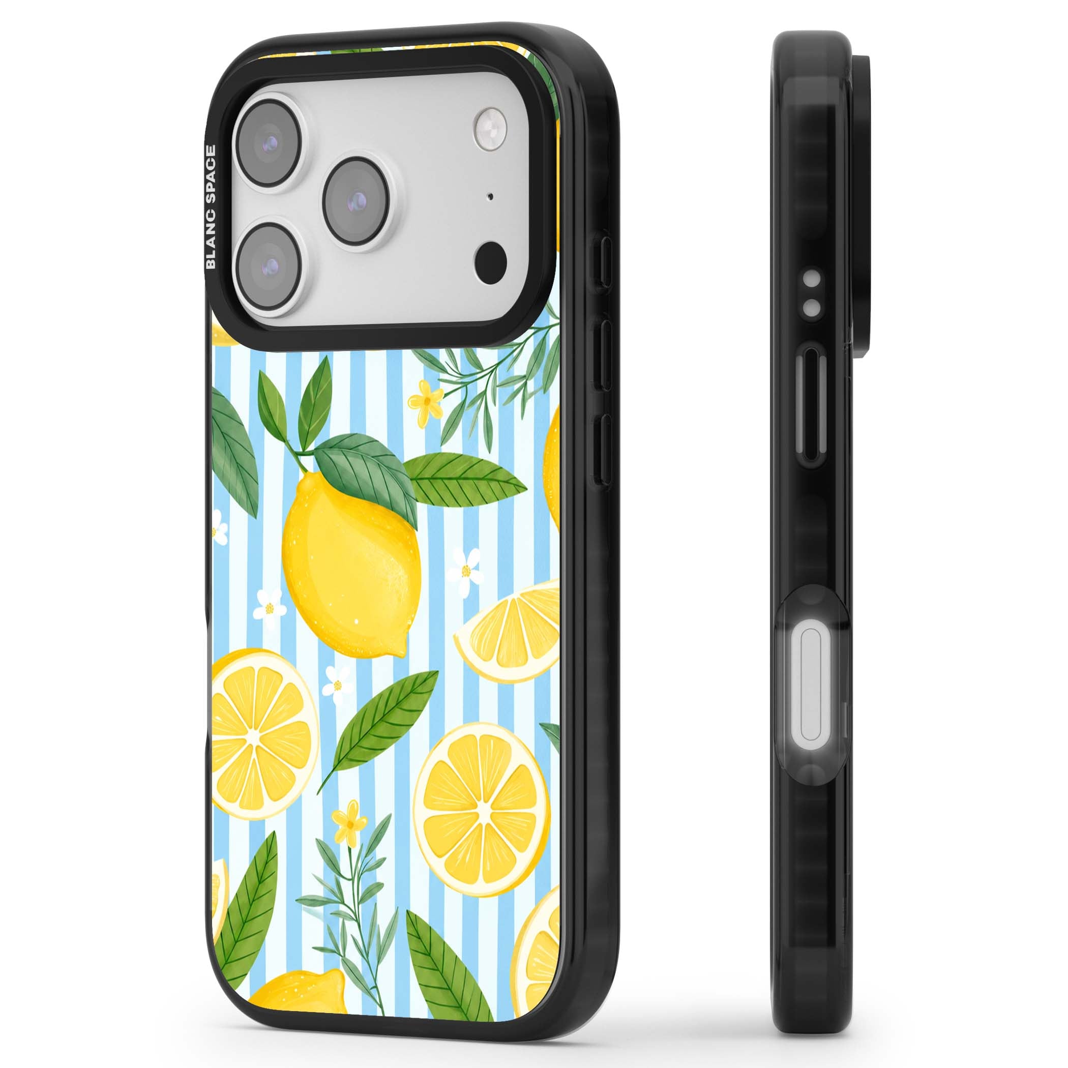 Capri Citrus Stripe coastal iPhone case featuring yellow lemons, blue stripes, and white daisy blossoms | Black Impact Magsafe case for iPhone 17 Pro, iPhone 17 Pro Max