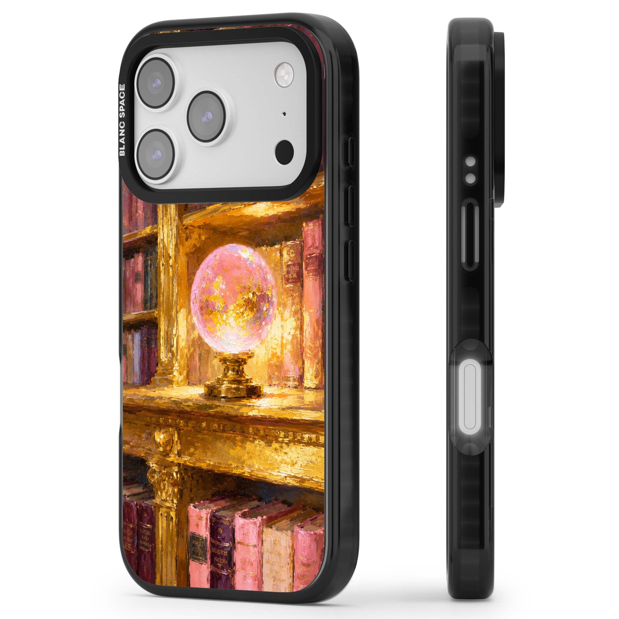 Gilded Library dark academia iPhone case featuring an oil painted crystal ball on a gilded library shelf with vintage | Black Impact Magsafe case for iPhone 17 Pro, iPhone 17 Pro Max