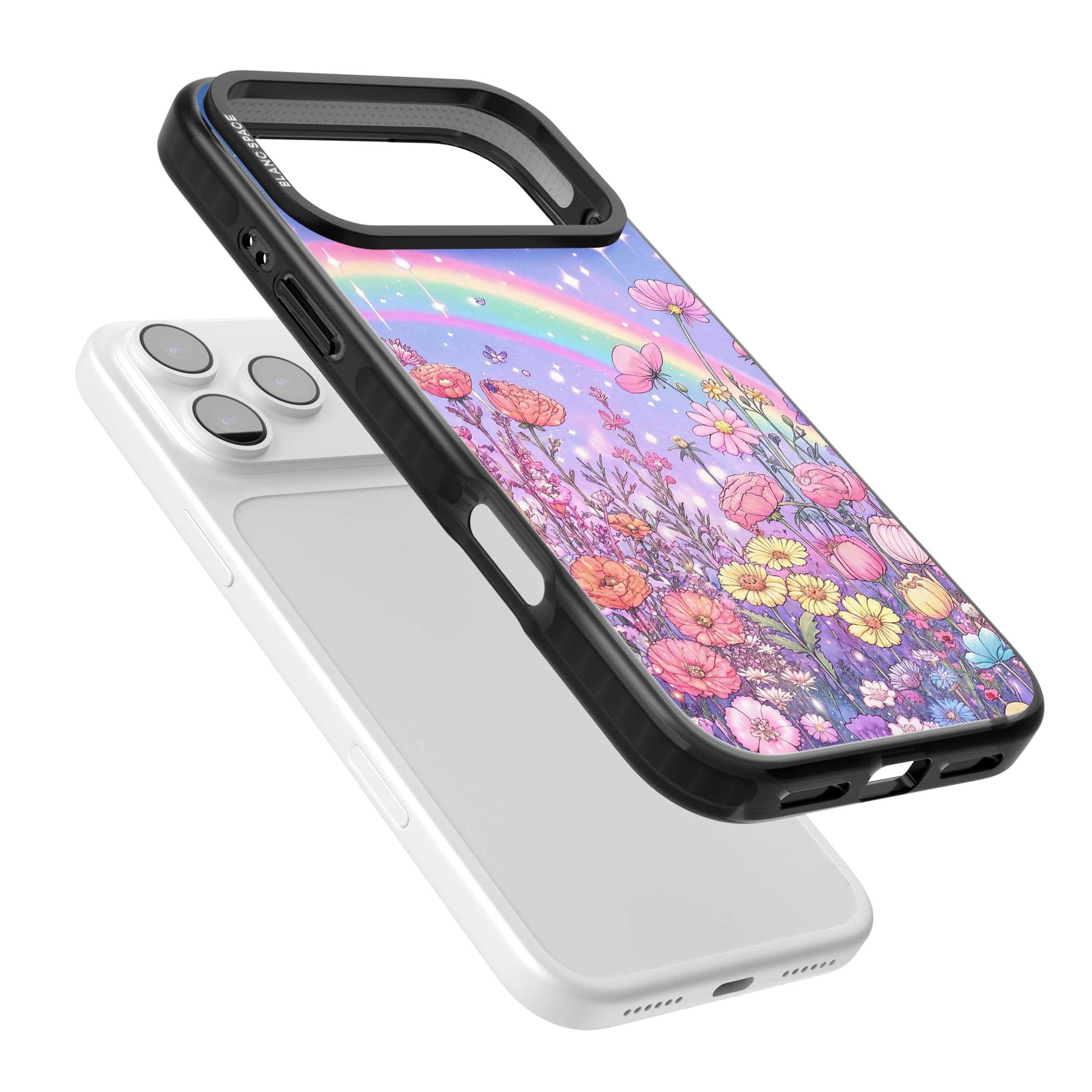 Magical Meadow fairycore iPhone case featuring a pastel rainbow, sparkling stars and a wildflower meadow | Black Impact Magsafe case for iPhone 17 Pro, iPhone 17 Pro Max