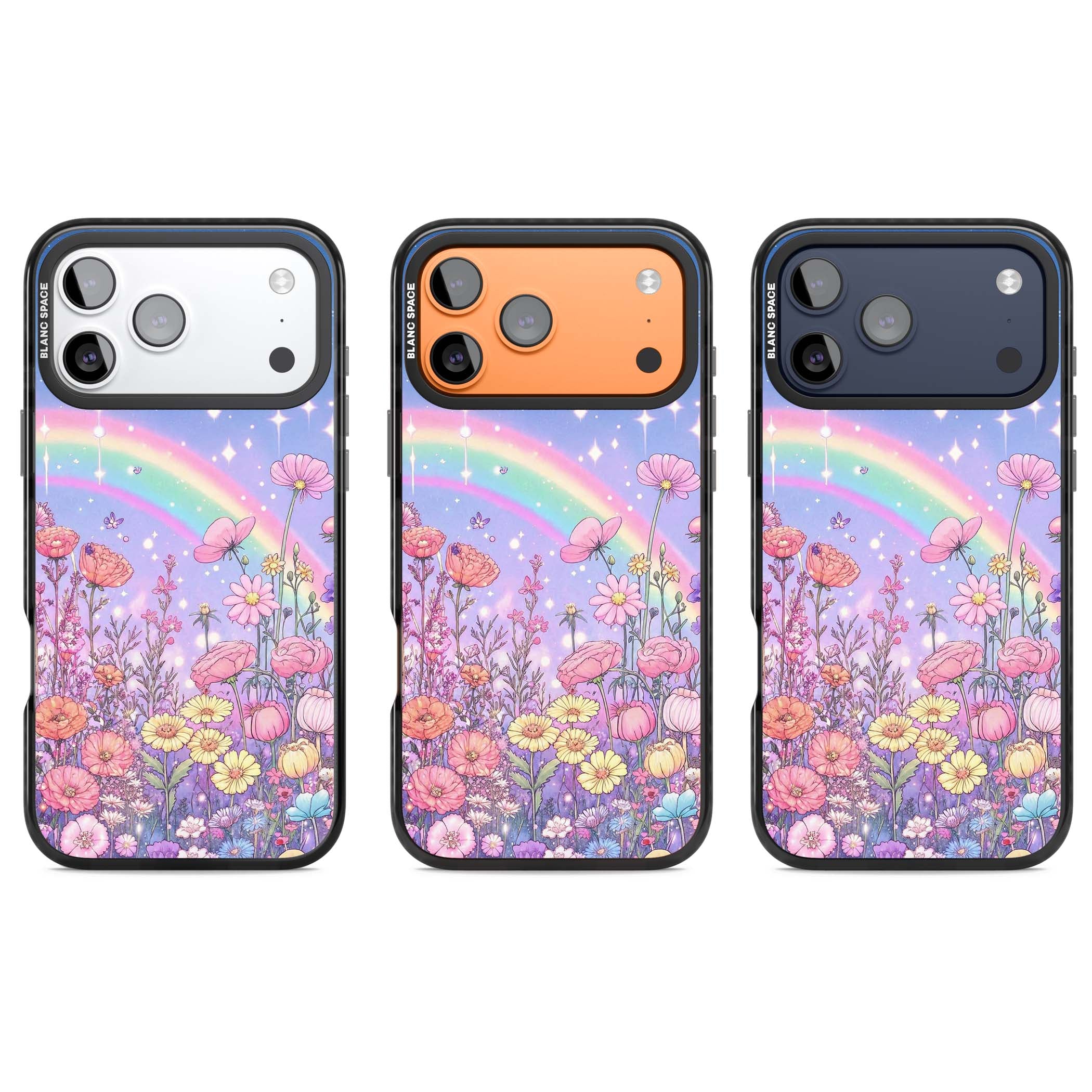 Magical Meadow fairycore iPhone case featuring a pastel rainbow, sparkling stars and a wildflower meadow | Black Impact Magsafe case for iPhone 17 Pro, iPhone 17 Pro Max