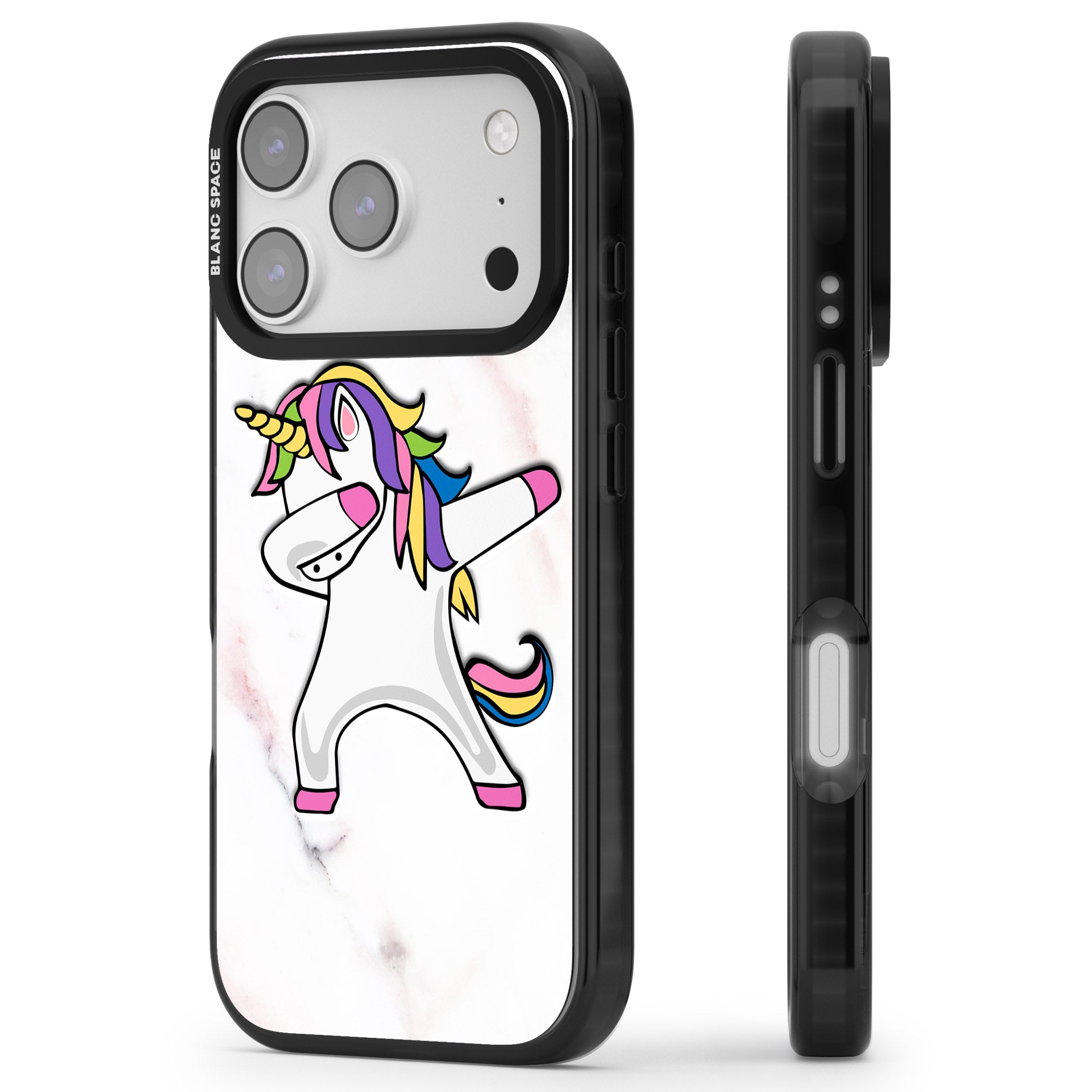 Designer Marble Unicorn Dab iPhone 17 Pro Max Impact Pro Black Phone Case Side Profile