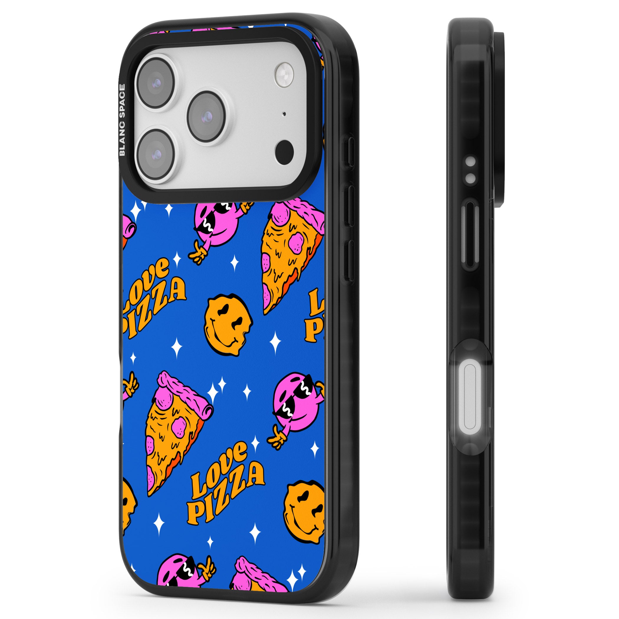 Psychedelic Love Pizza Pattern iPhone 17 Pro Max Impact Pro Black Phone Case Side Profile