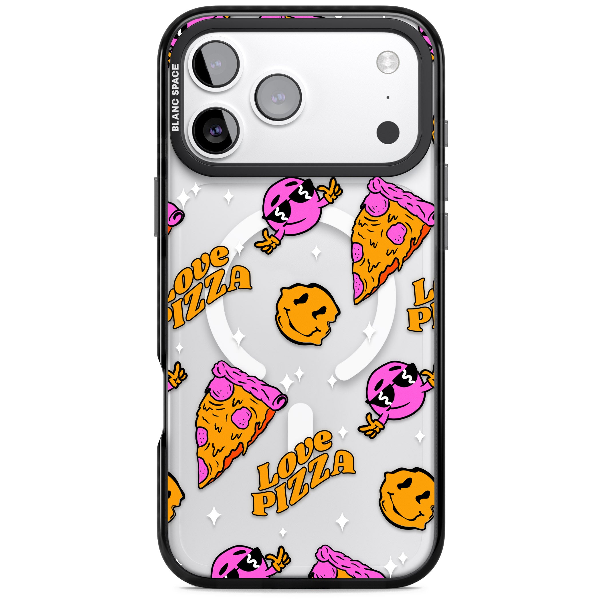 Psychedelic Love Pizza Pattern (Clear) iPhone 17 Pro Max Impact Pro Black Phone Case