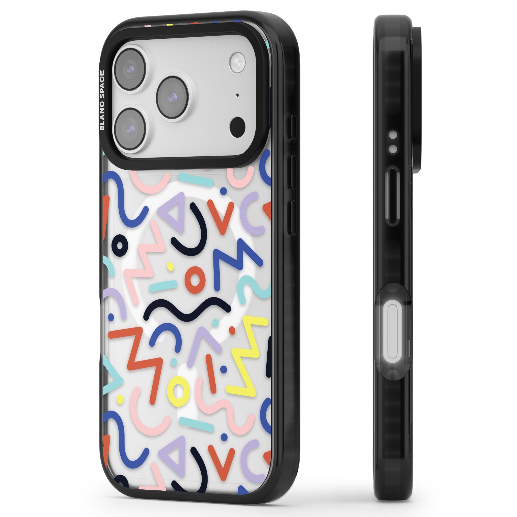 Memphis Retro Pattern iPhone 17 Pro Max Impact Pro Black Phone Case Side Profile
