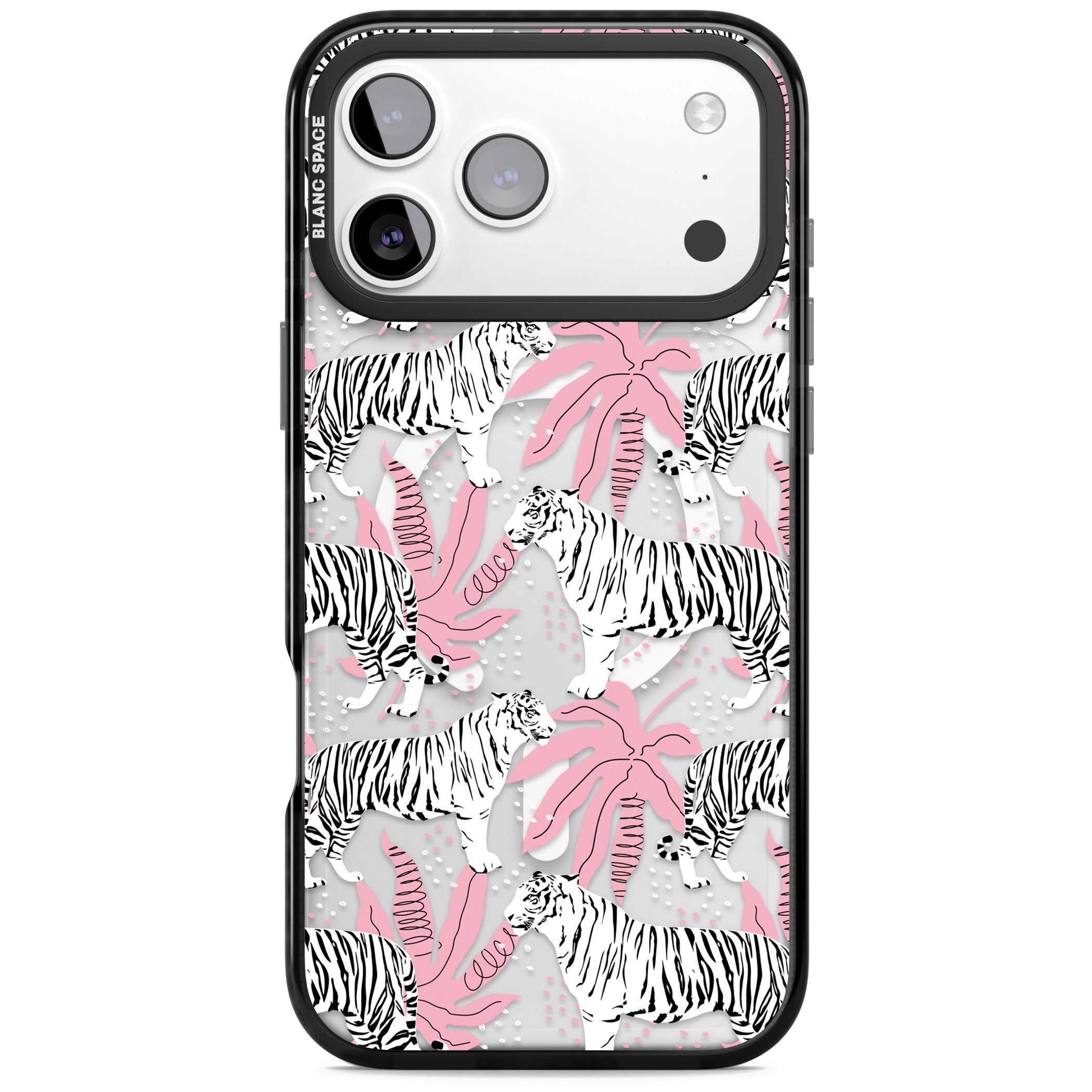 Pink & White Tropical Tigers iPhone 17 Pro Max Impact Pro Black Phone Case