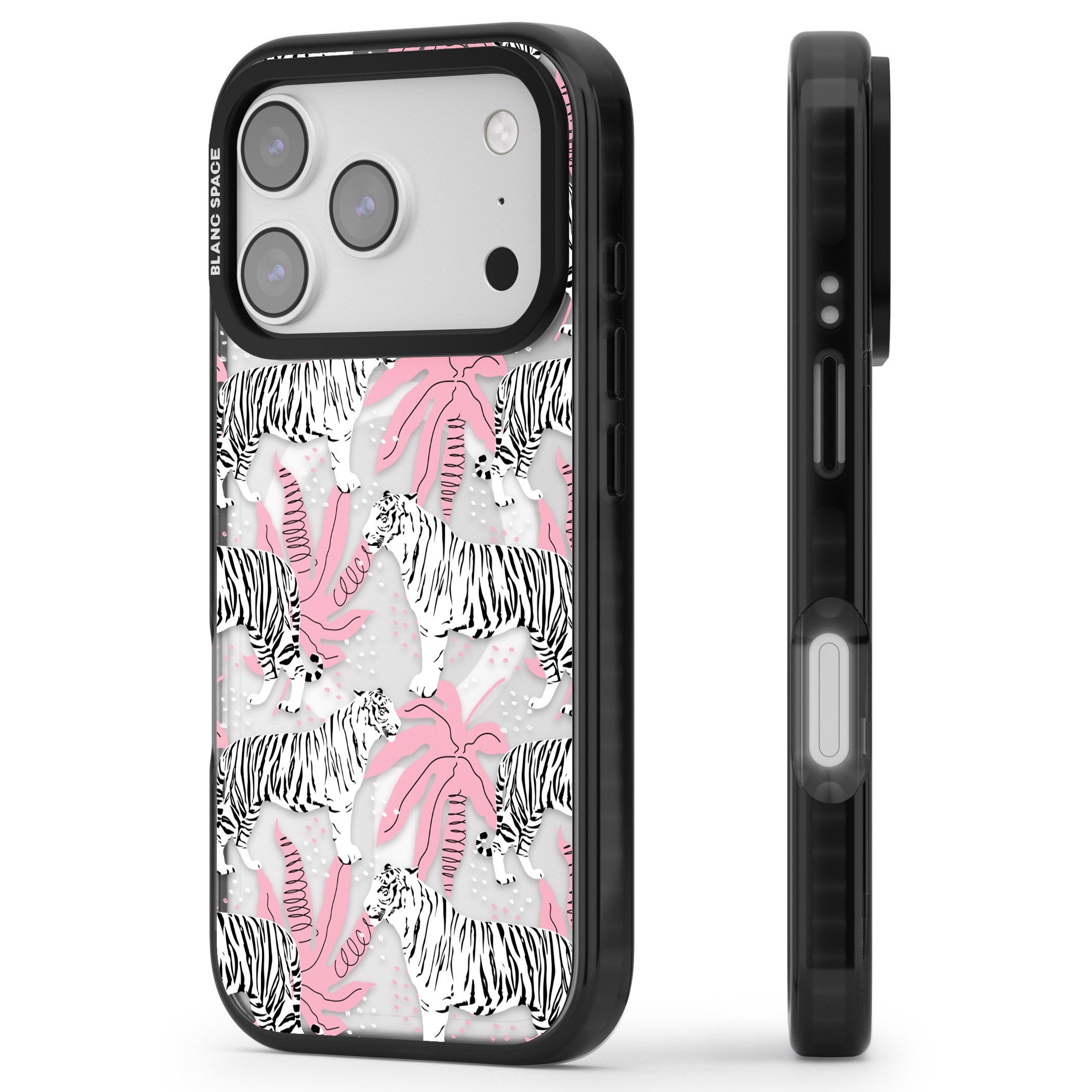 Pink & White Tropical Tigers iPhone 17 Pro Max Impact Pro Black Phone Case Side Profile