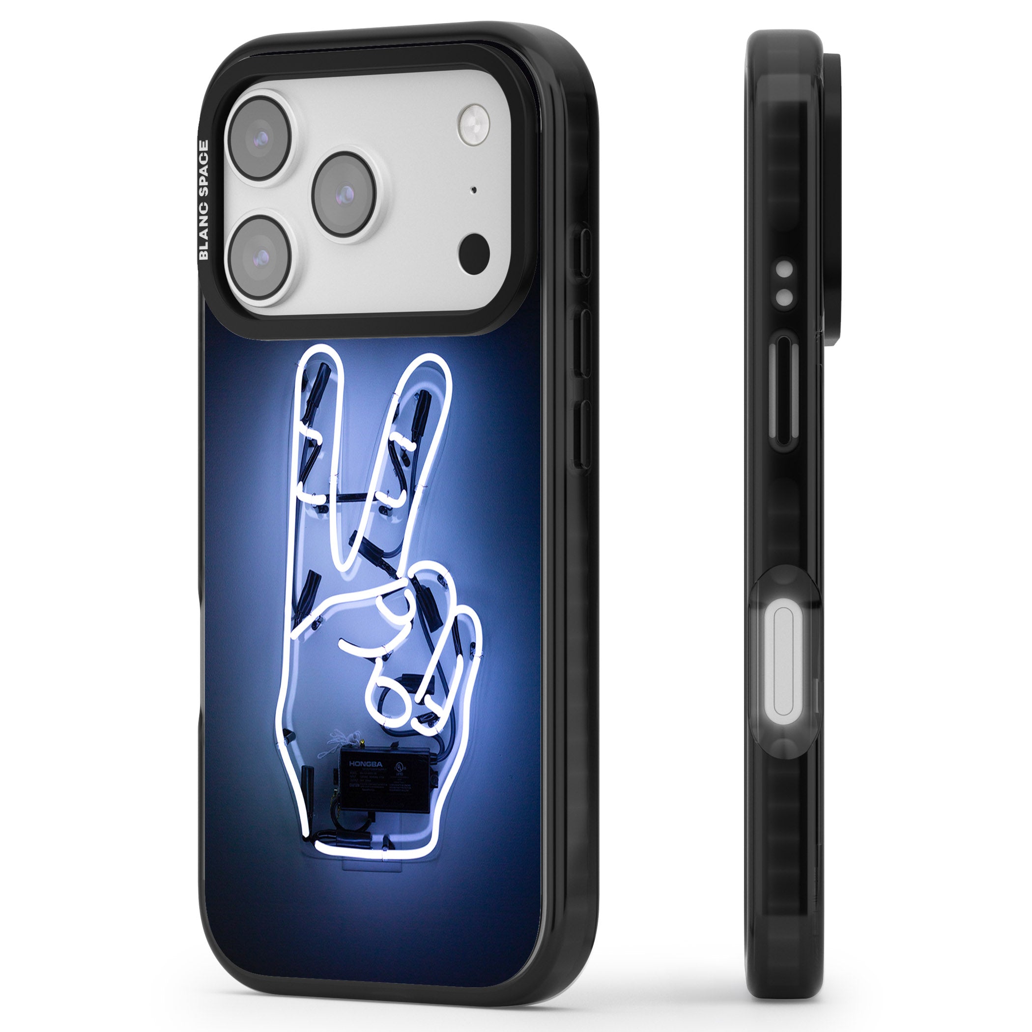 Neon Peace Sign iPhone 17 Pro Max Impact Pro Black Phone Case Side Profile