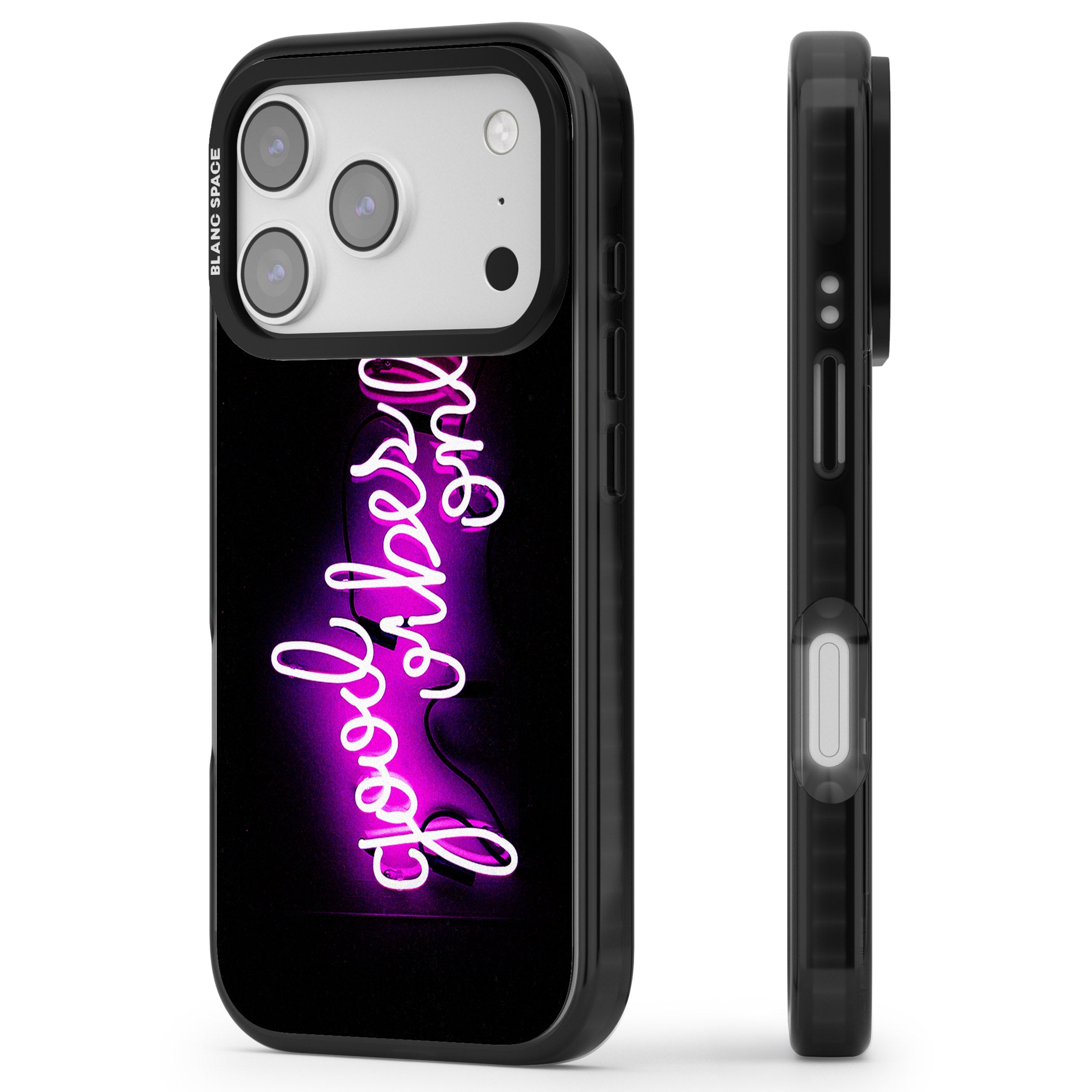 Good Vibes Only Neon Glow iPhone 17 Pro Max Impact Pro Black Phone Case Side Profile