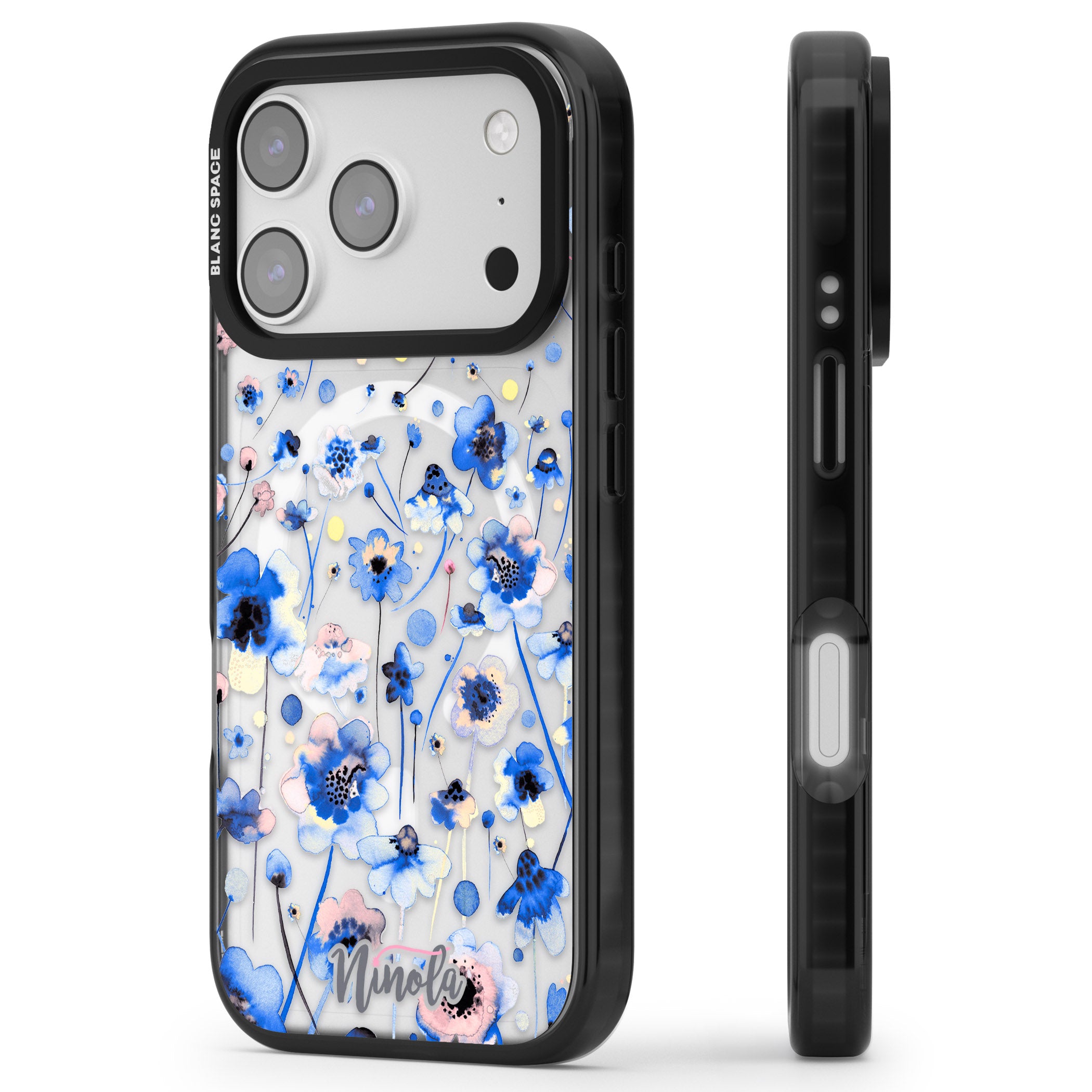 Ink Flowers Blue iPhone 17 Pro Max Impact Pro Black Phone Case Side Profile
