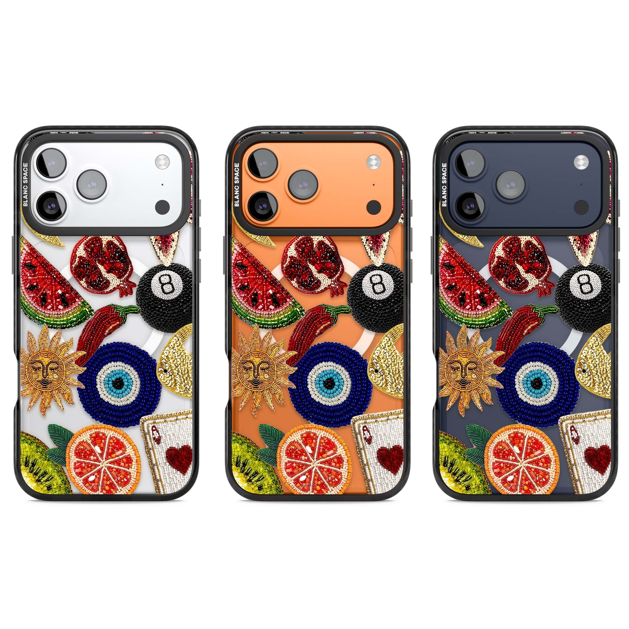 Beaded Charms embroidery iPhone case featuring beaded evil eye, fruit patches and a golden sun motif | Black Impact Magsafe case for iPhone 17 Pro, iPhone 17 Pro Max