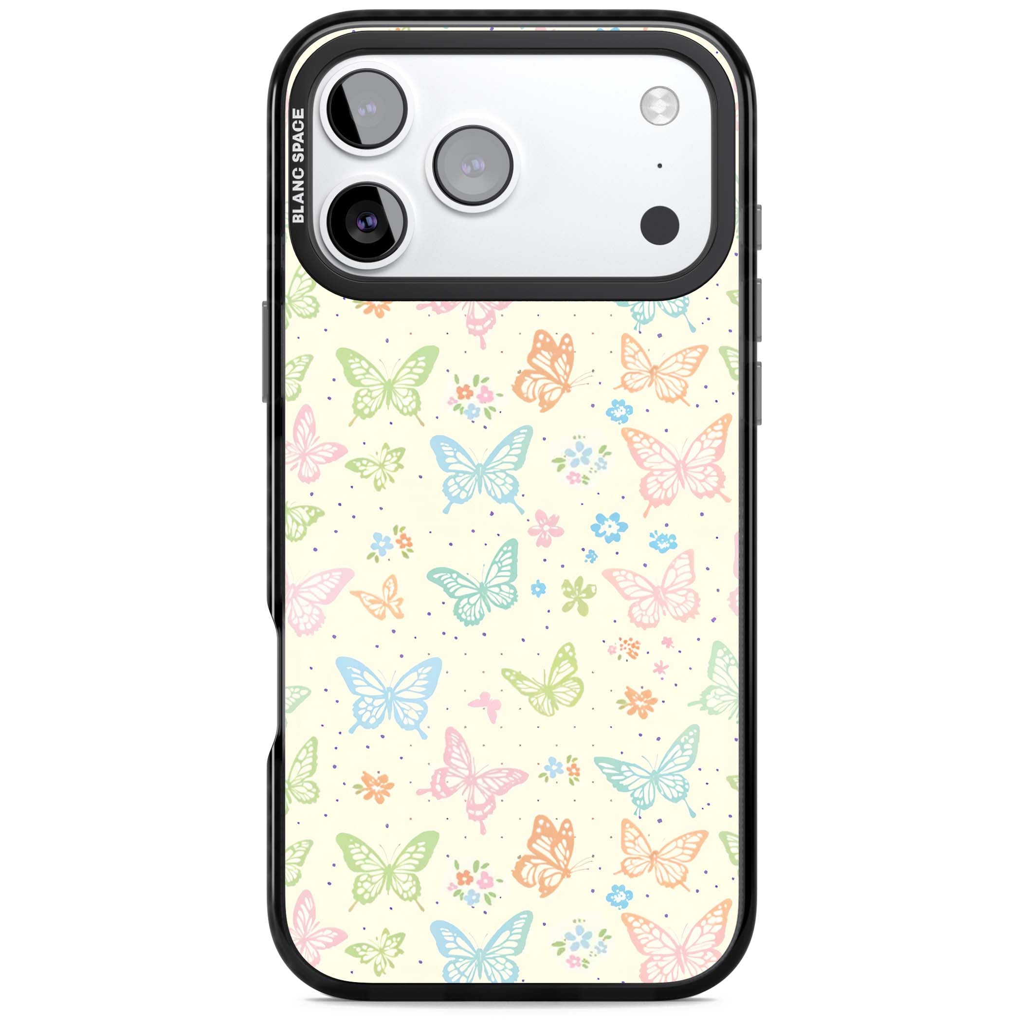 Sugar Wings cottagecore iPhone case featuring rainbow pastel butterflies, tiny wildflowers, and a cream background | Black Impact Magsafe case for iPhone 17 Pro, iPhone 17 Pro Max
