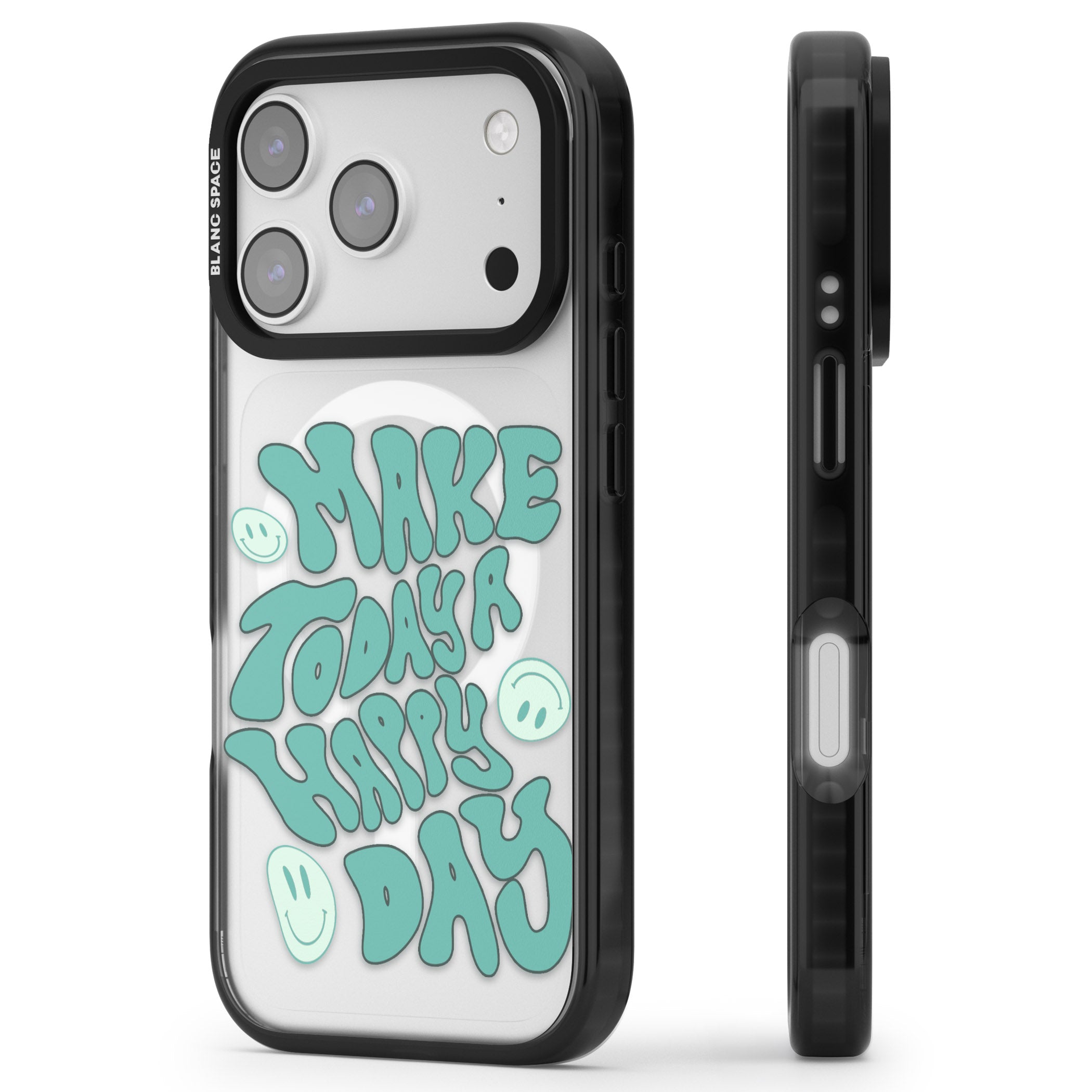 Make Today A Happy Day iPhone 17 Pro Max Impact Pro Black Phone Case Side Profile