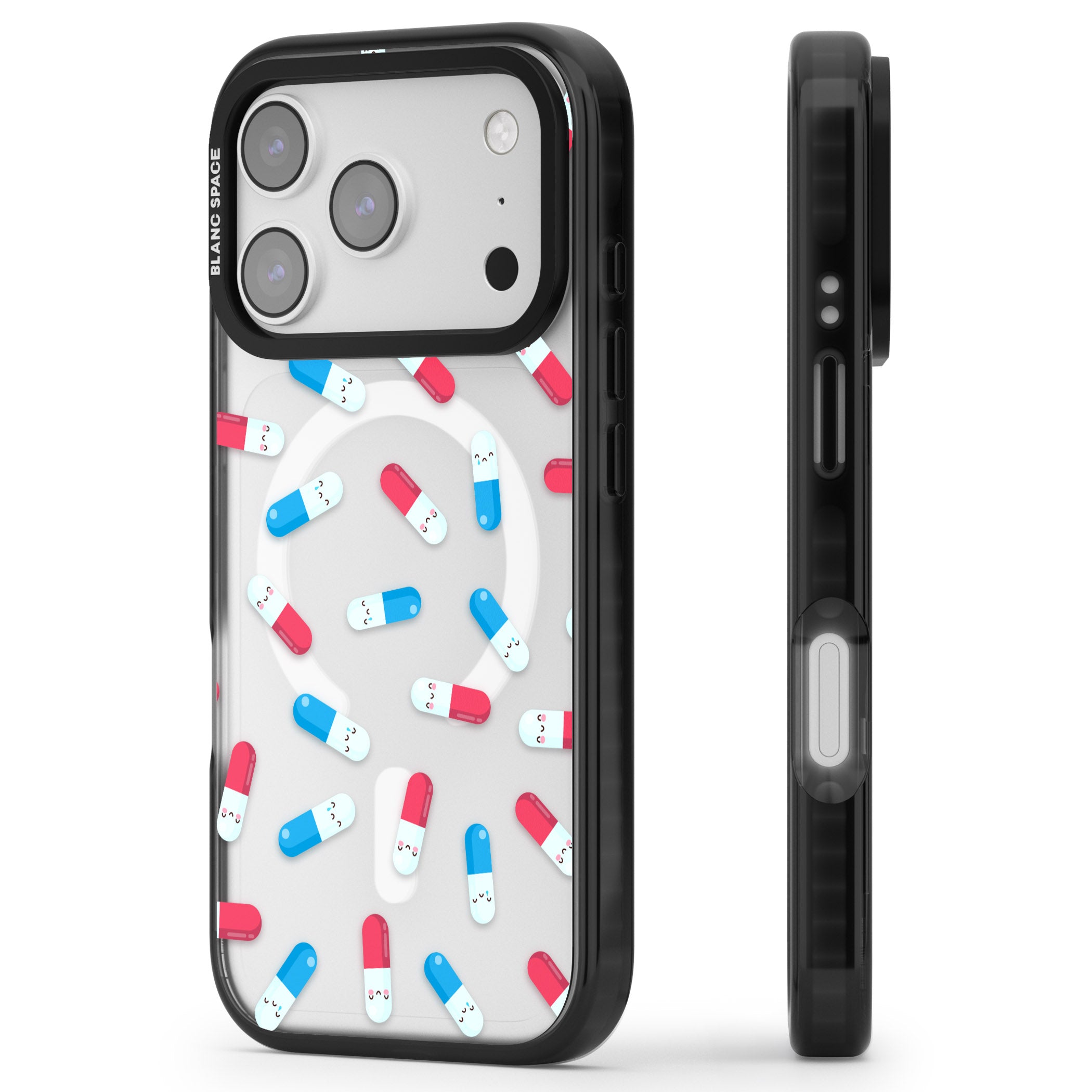 Kawaii Pill Pattern iPhone 17 Pro Max Impact Pro Black Phone Case Side Profile