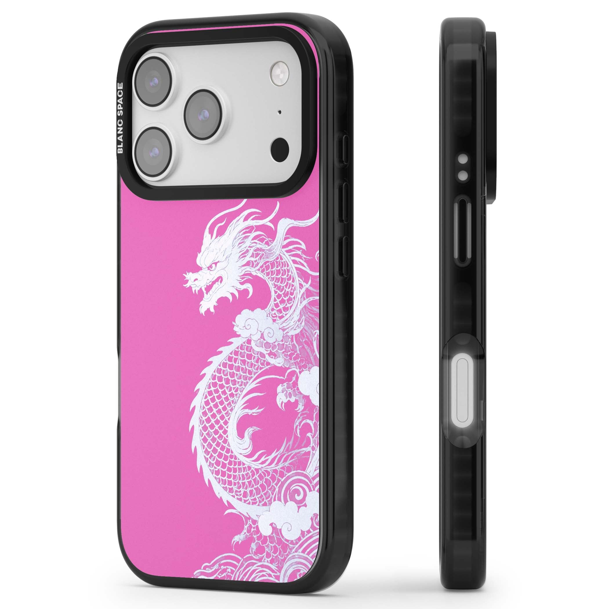 Pink Empress chinese dragon iPhone case featuring a white dragon, swirling clouds and pink dragon wallpaper backdrop | Black Impact Magsafe case for iPhone 17 Pro, iPhone 17 Pro Max
