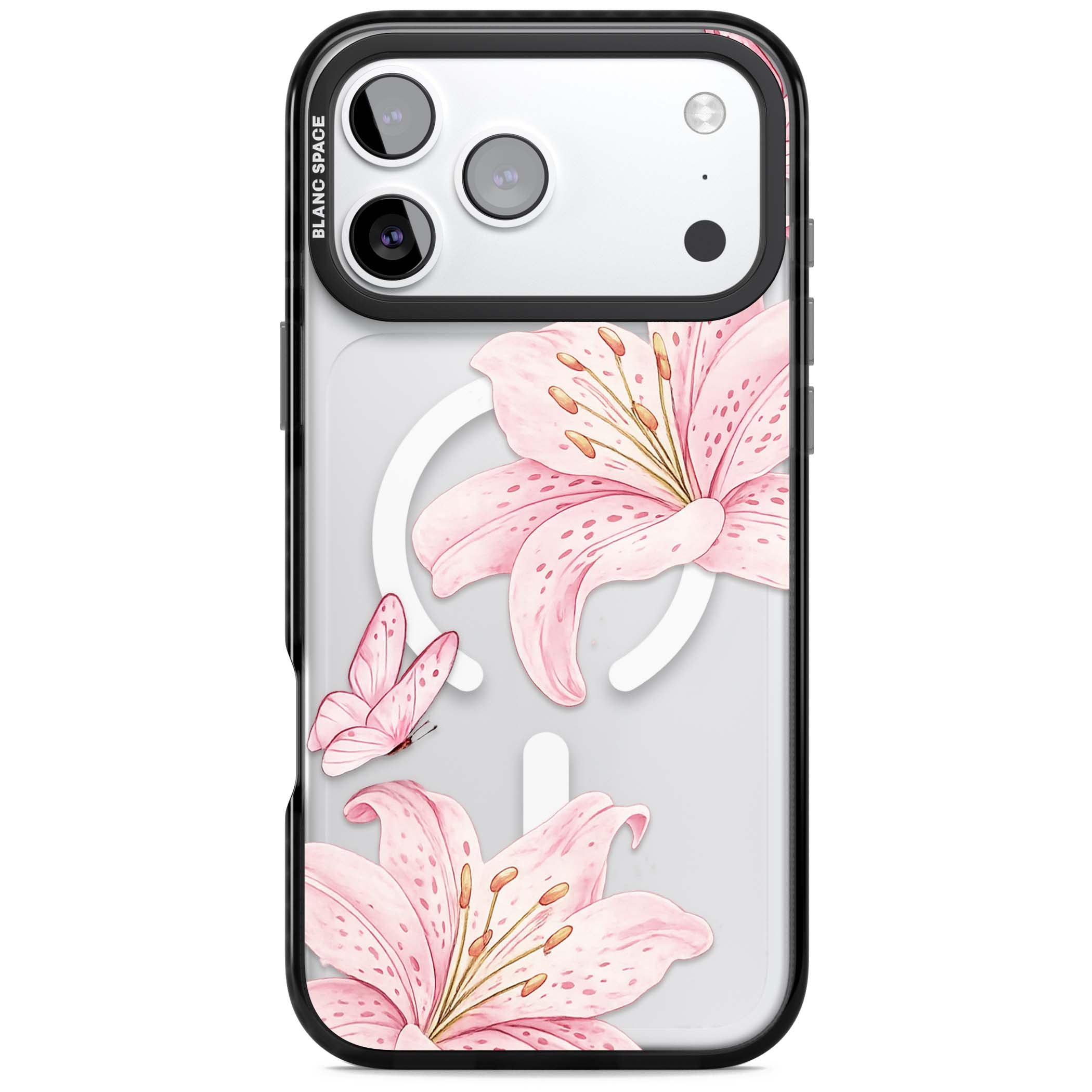 Lily Whisper floral iPhone case featuring pink watercolour lilies and delicate butterflies on a clear background | Black Impact Magsafe case for iPhone 17 Pro, iPhone 17 Pro Max