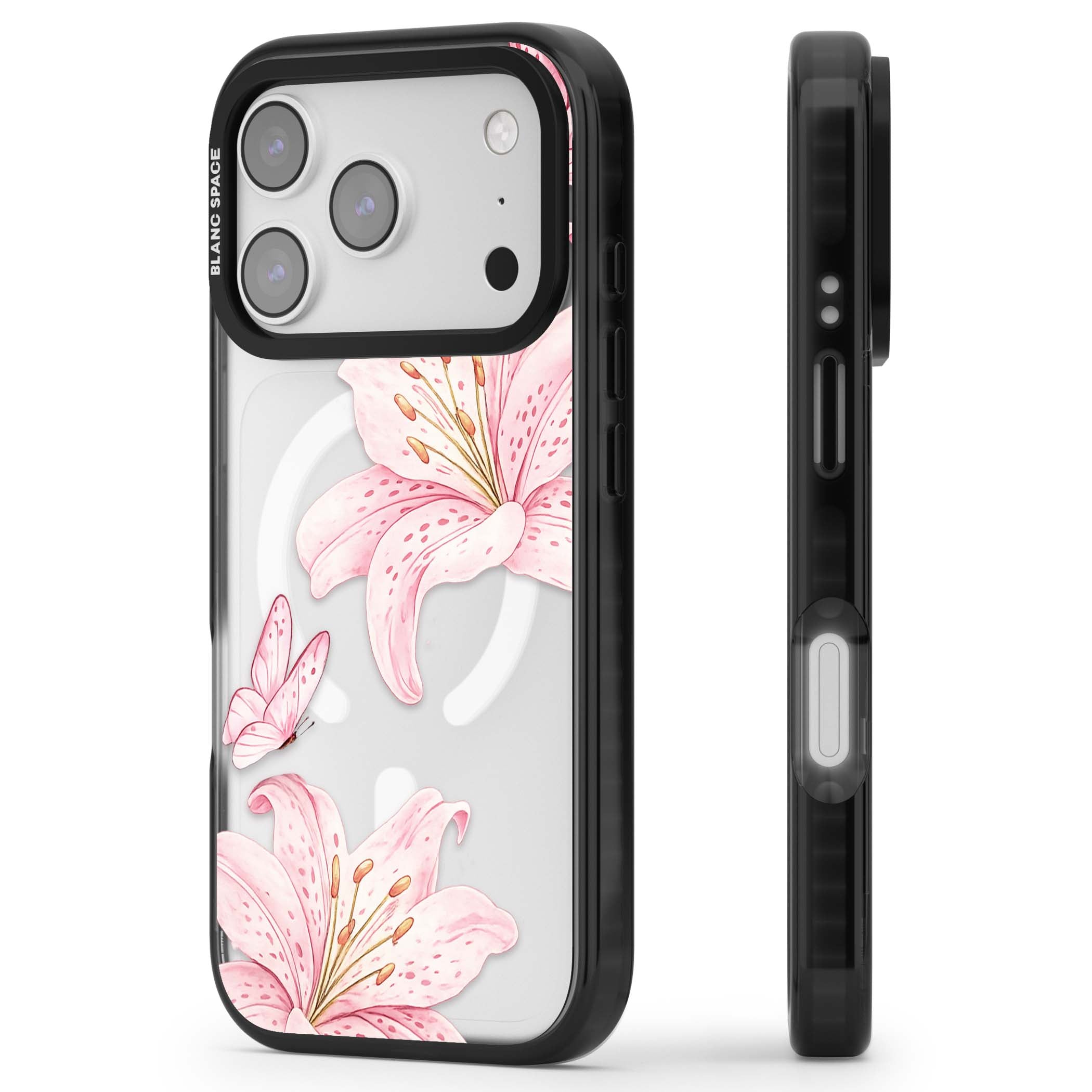 Lily Whisper floral iPhone case featuring pink watercolour lilies and delicate butterflies on a clear background | Black Impact Magsafe case for iPhone 17 Pro, iPhone 17 Pro Max