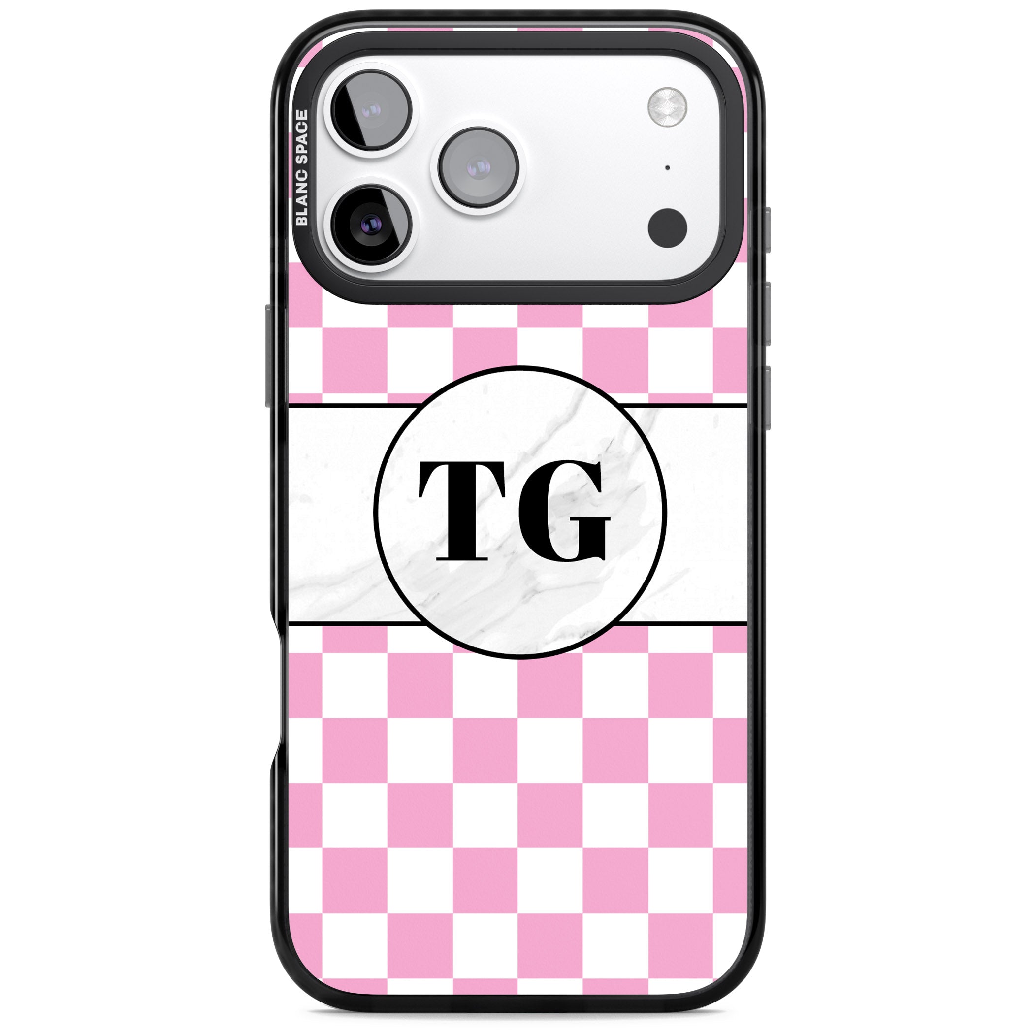Personalised Monogrammed Pink Check iPhone 17 Pro Max Impact Pro Black Phone Case
