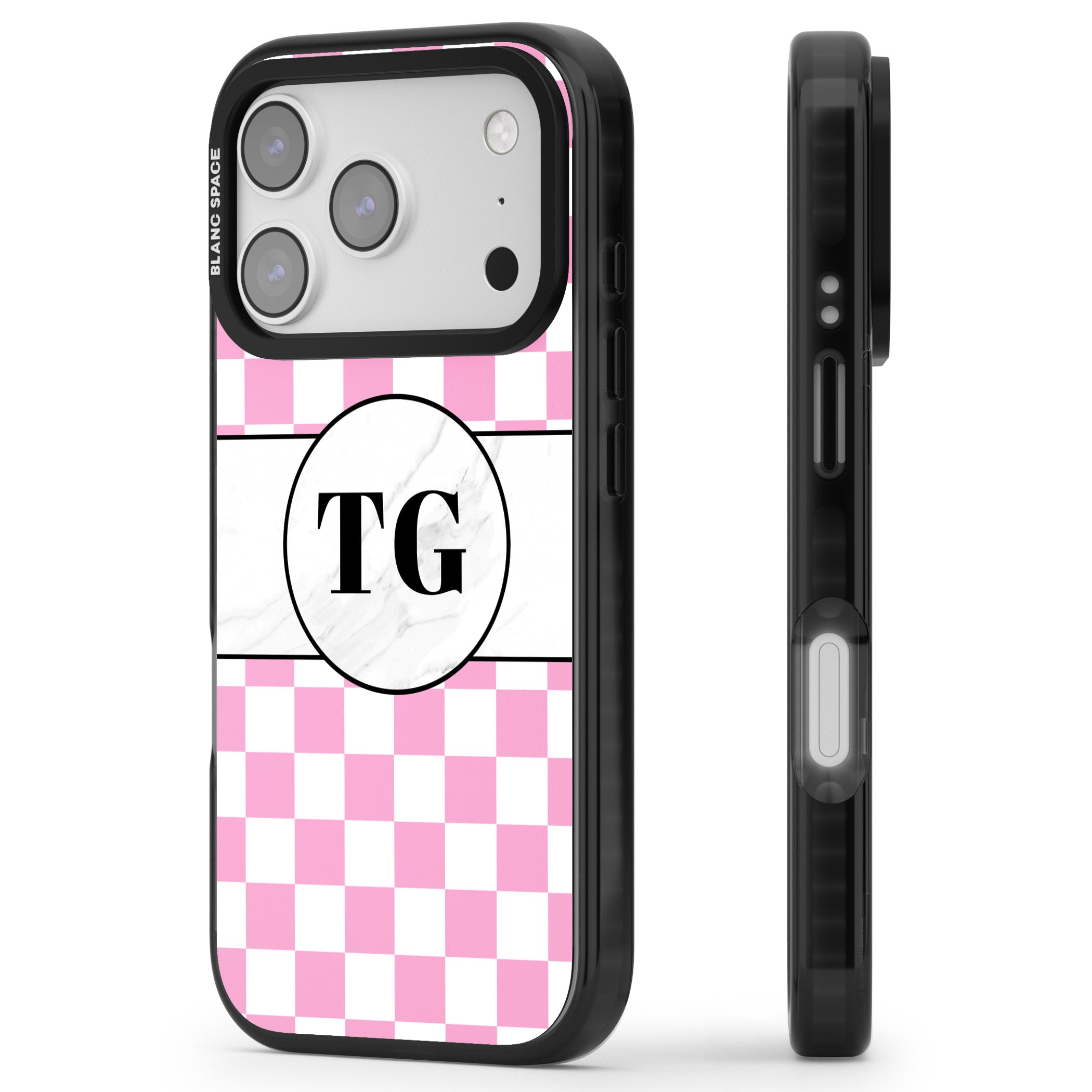 Personalised Monogrammed Pink Check iPhone 17 Pro Max Impact Pro Black Phone Case Side Profile