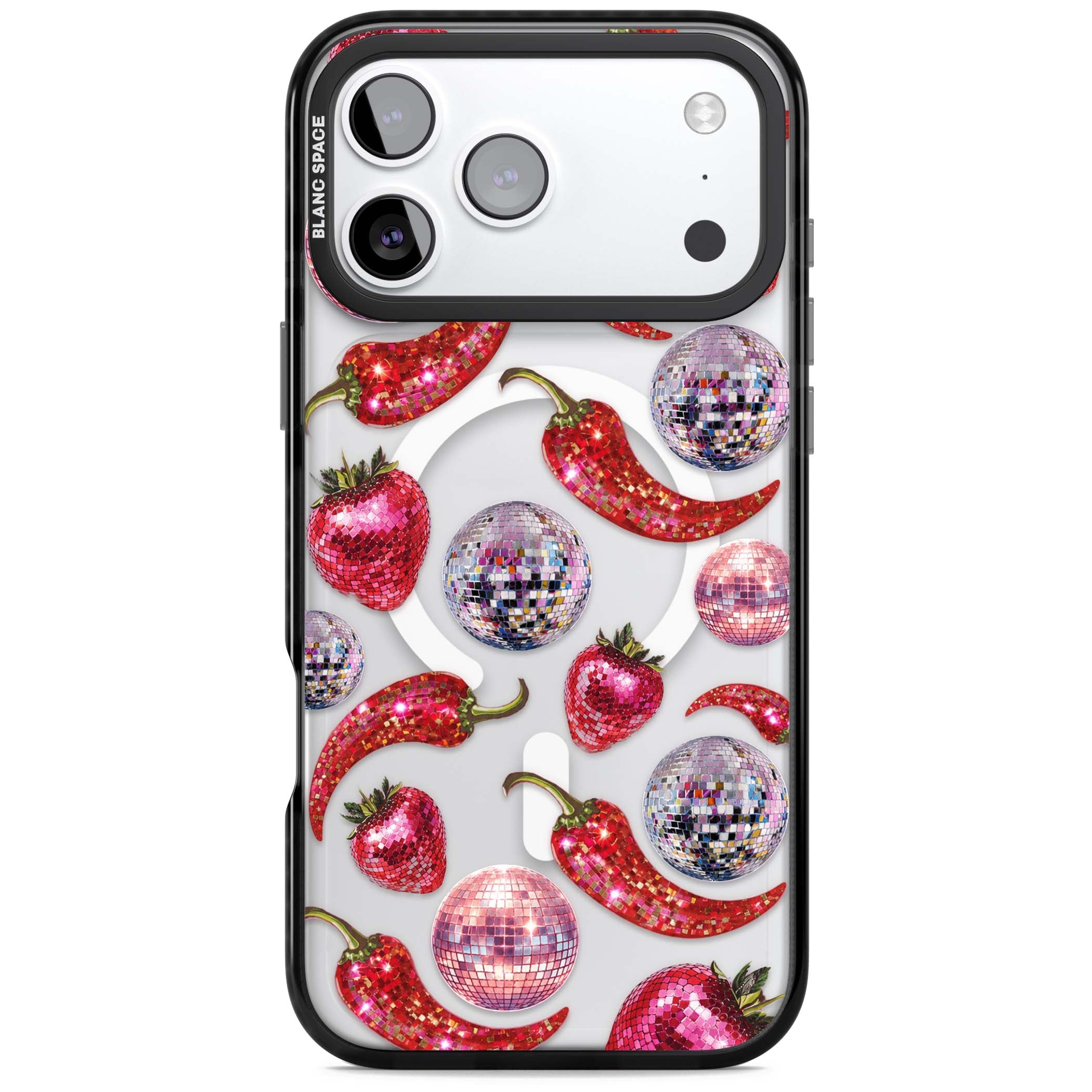 Spicy Disco Y2K iPhone case featuring glitter disco balls, sparkly strawberries and red chilli peppers | Black Impact Magsafe case for iPhone 17 Pro, iPhone 17 Pro Max