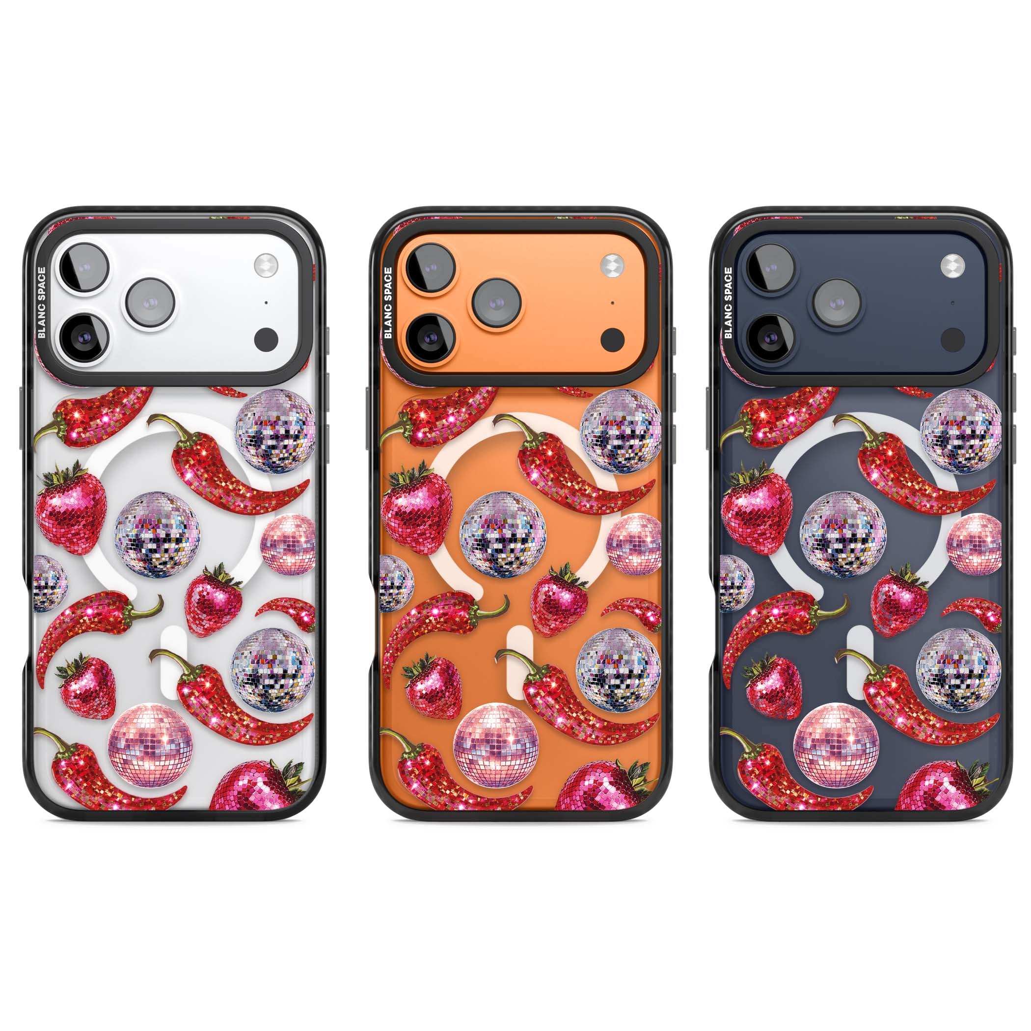 Spicy Disco Y2K iPhone case featuring glitter disco balls, sparkly strawberries and red chilli peppers | Black Impact Magsafe case for iPhone 17 Pro, iPhone 17 Pro Max