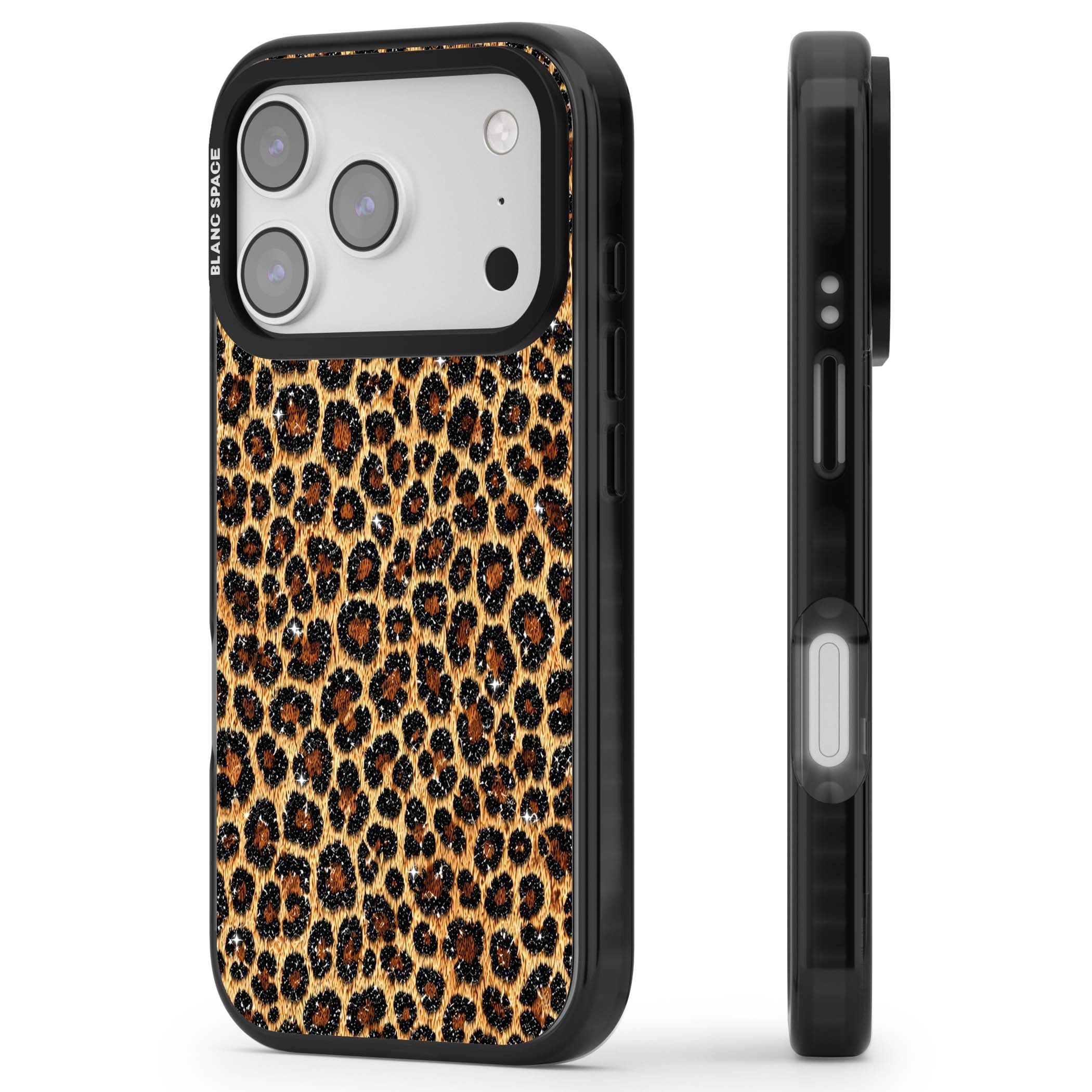 Diamond Leopard leopard print iPhone case featuring golden tan fur, black rosette spots and subtle glitter sparkle | Black Impact Magsafe case for iPhone 17 Pro, iPhone 17 Pro Max