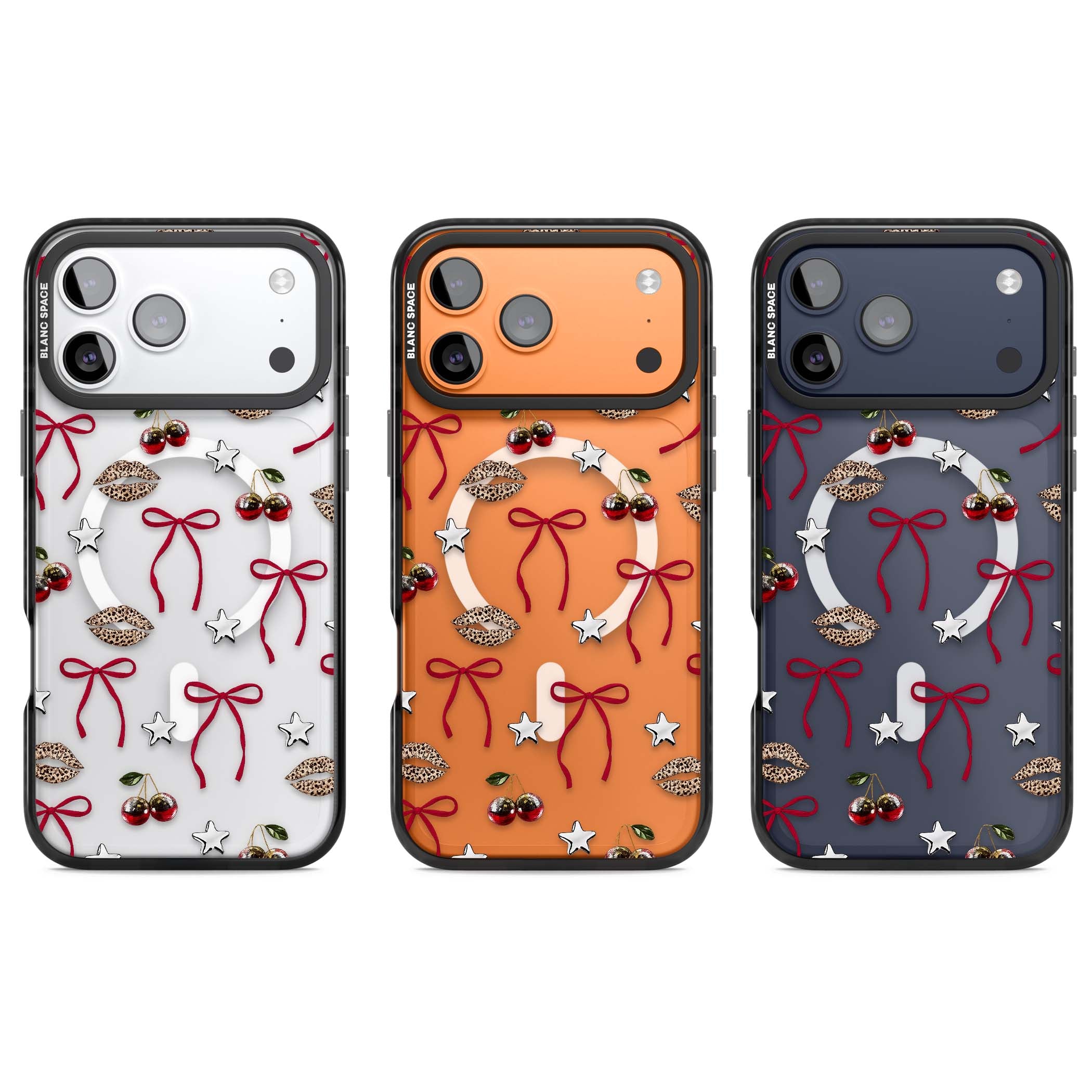 Starlet coquette iPhone case featuring red ribbon bows, disco cherries and leopard-print lips | Black Impact Magsafe case for iPhone 17 Pro, iPhone 17 Pro Max