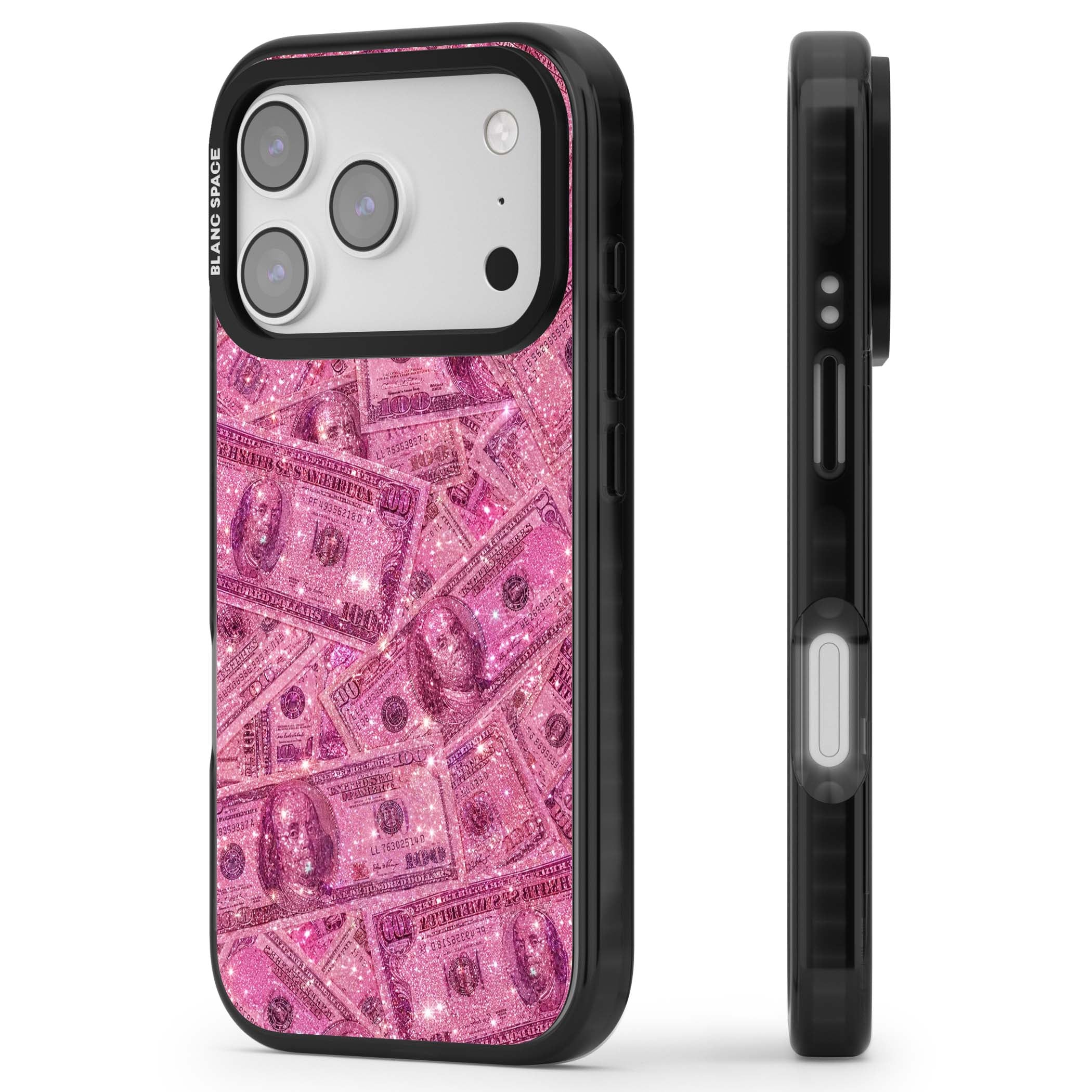 Glamorous baddie iPhone case featuring pink glitter hundred dollar bills and sparkling money wallpaper design | Black Impact Magsafe case for iPhone 17 Pro, iPhone 17 Pro Max