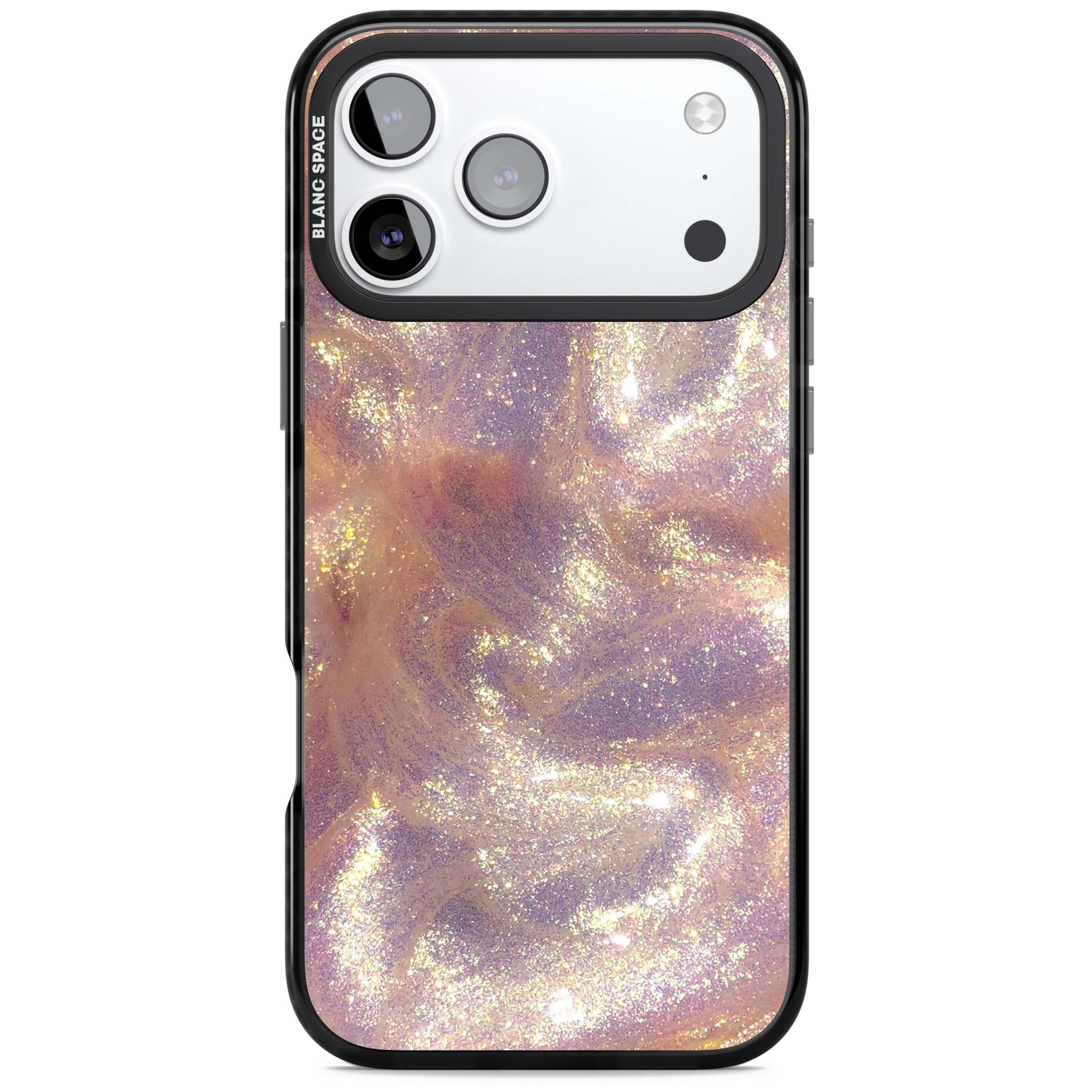 Shimmer marble iPhone case featuring rose gold glitter swirls, lilac shimmer and iridescent pearl finish | Black Impact Magsafe case for iPhone 17 Pro, iPhone 17 Pro Max