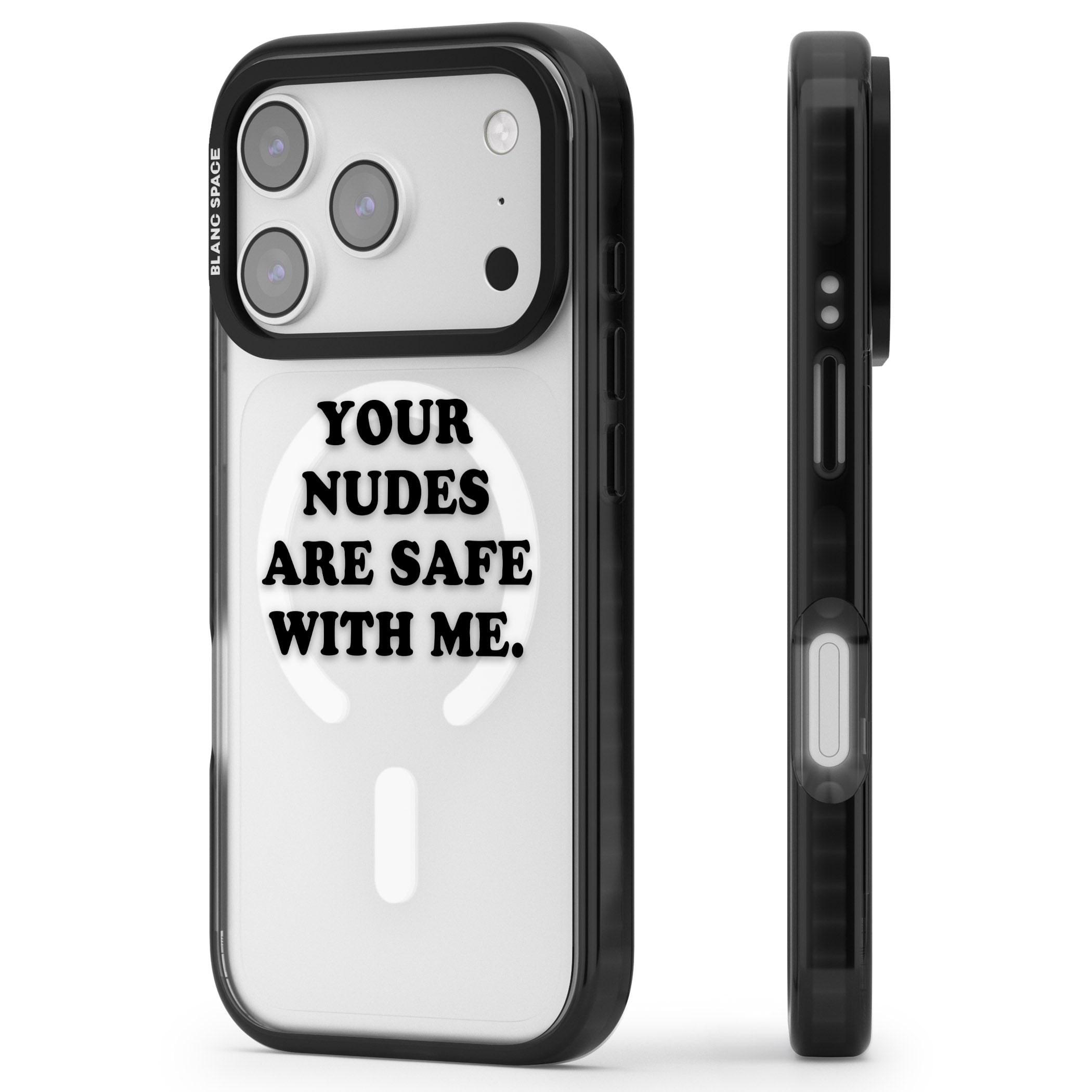 Your Nudes Are Safe Black iPhone 17 Pro Max Impact Pro Black Phone Case Side Profile
