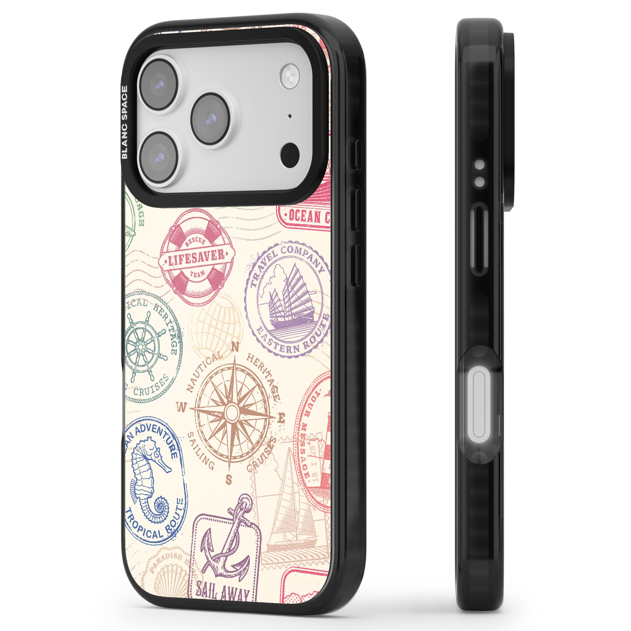 Nautical Stamps iPhone 17 Pro Max Impact Pro Black Phone Case Side Profile