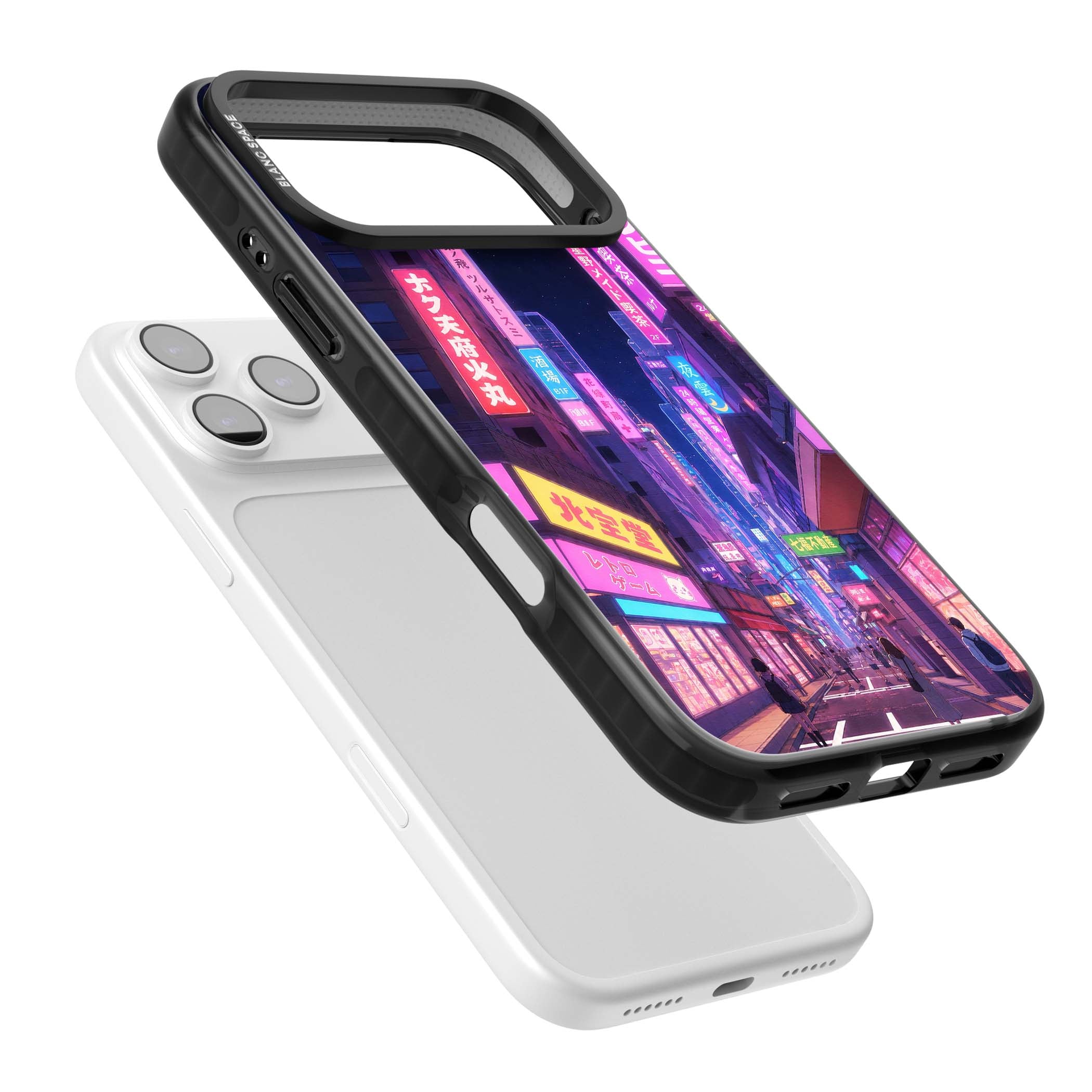 Shibuya At Night Japanese neon city iPhone case featuring glowing kanji signs, pink storefronts and a Tokyo street at n | Black Impact Magsafe case for iPhone 17 Pro, iPhone 17 Pro Max