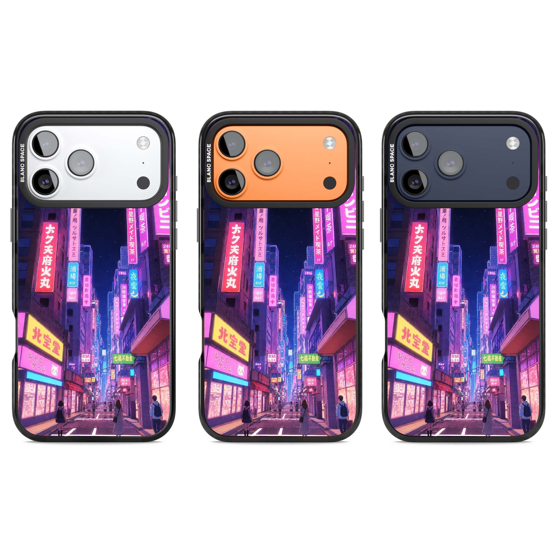 Shibuya At Night Japanese neon city iPhone case featuring glowing kanji signs, pink storefronts and a Tokyo street at n | Black Impact Magsafe case for iPhone 17 Pro, iPhone 17 Pro Max