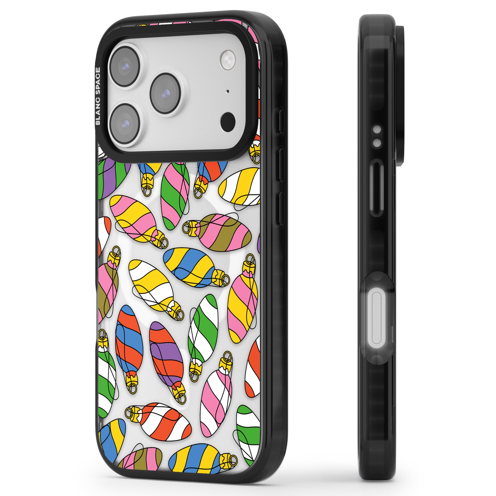 Colourful Holiday Ornaments iPhone 17 Pro Max Impact Pro Black Phone Case Side Profile