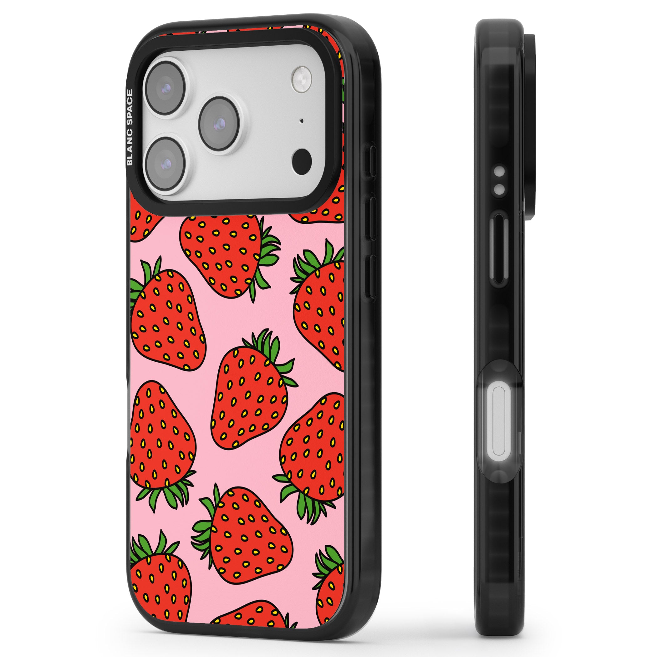 Strawberry Pattern (Pink) iPhone 17 Pro Max Impact Pro Black Phone Case Side Profile