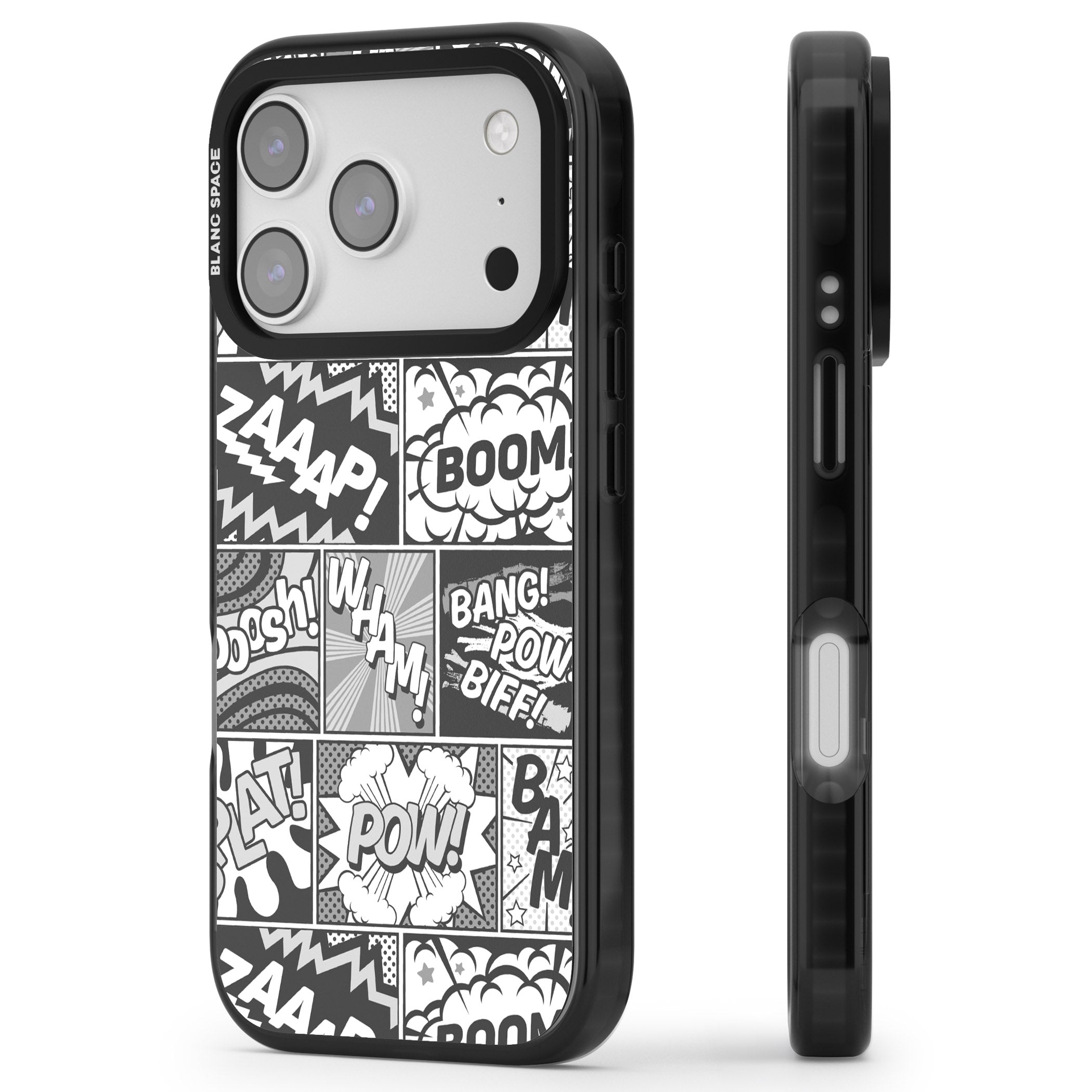 Onomatopoeia (Black & White) iPhone 17 Pro Max Impact Pro Black Phone Case Side Profile