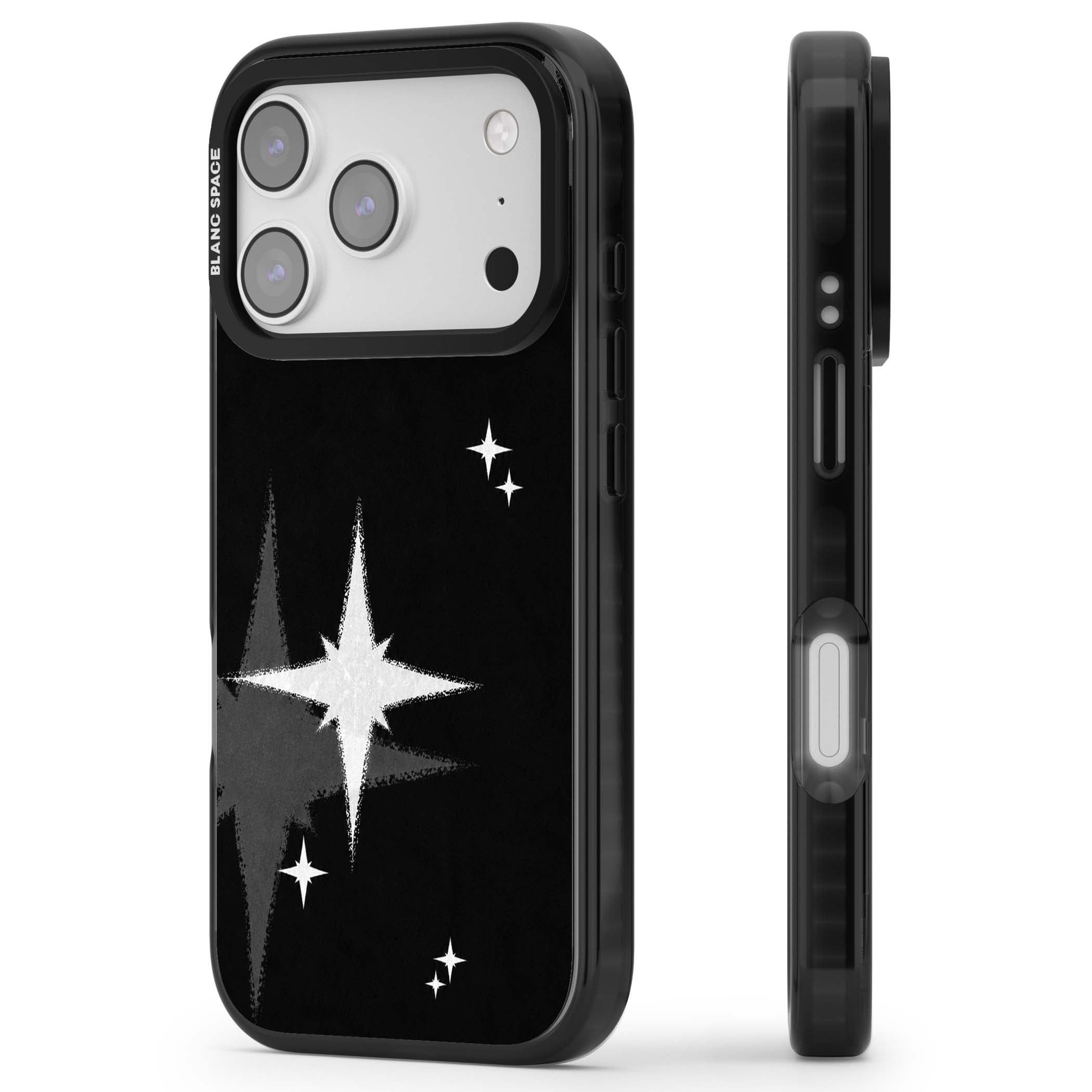Black Sparkle celestial iPhone case featuring white sparkle stars on a black night sky background | Black Impact Magsafe case for iPhone 17 Pro, iPhone 17 Pro Max