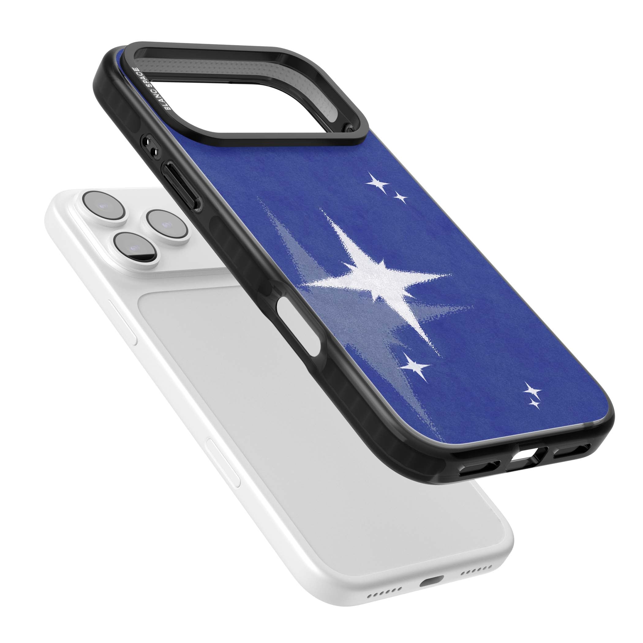 Blue Sparkle celestial iPhone case featuring sparkling silver stars on a deep blue painterly night sky | Black Impact Magsafe case for iPhone 17 Pro, iPhone 17 Pro Max